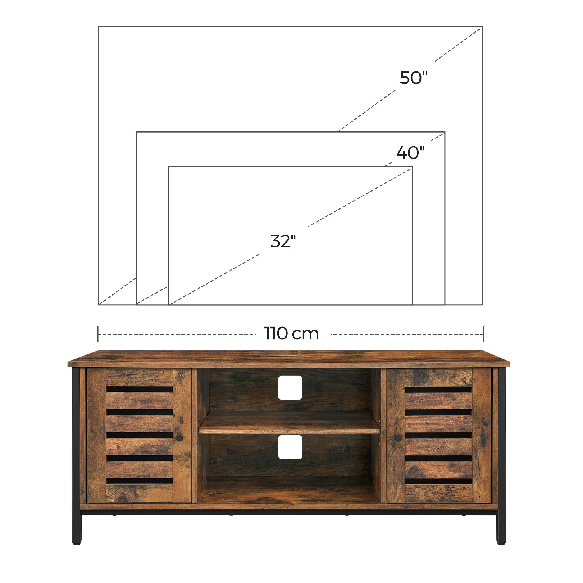 VASAGLE Lowboard TV-Schrank Fernsehtisch mit 2 Schränken und 2 Regalebenen, Wohnzimmer, Industrie-Design, Lowboard, Lamellentüren – Bild 5 von 5