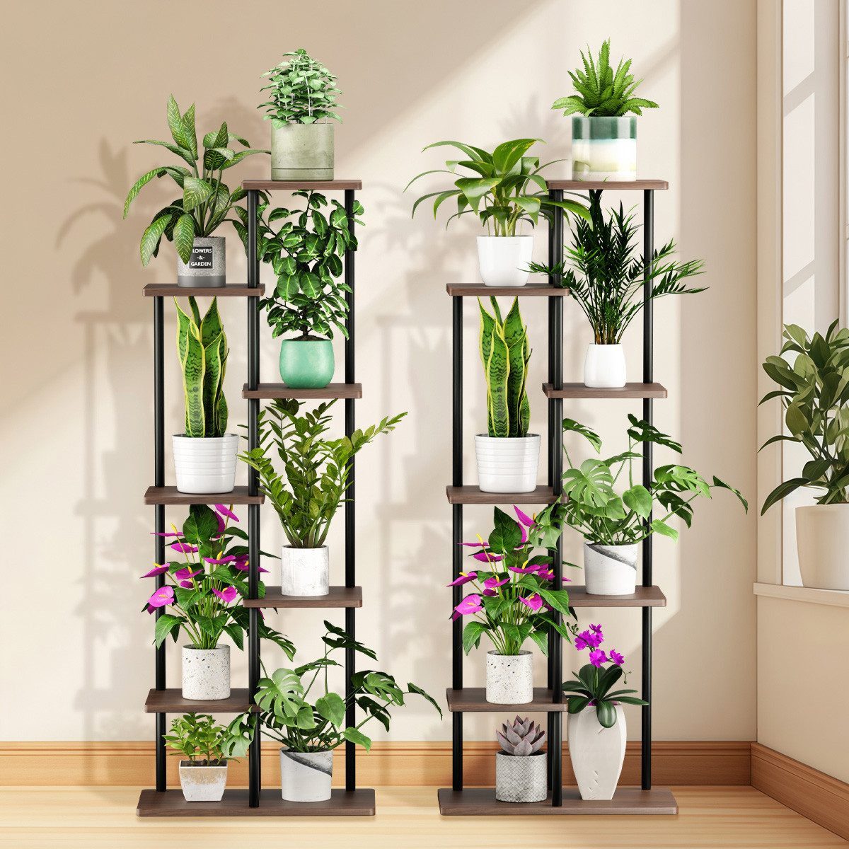 Simloveve Blumenständer pflanzenständer 7 Etagen blumenständer wohnzimmer (7 Etagen Pflanzentreppe, Pflanzenregal Standregal, 2 St., Hölzern und Metall Mehrstöckig Pflanzenständer), für Innen Wohnzimmer Deko Garten Balkon