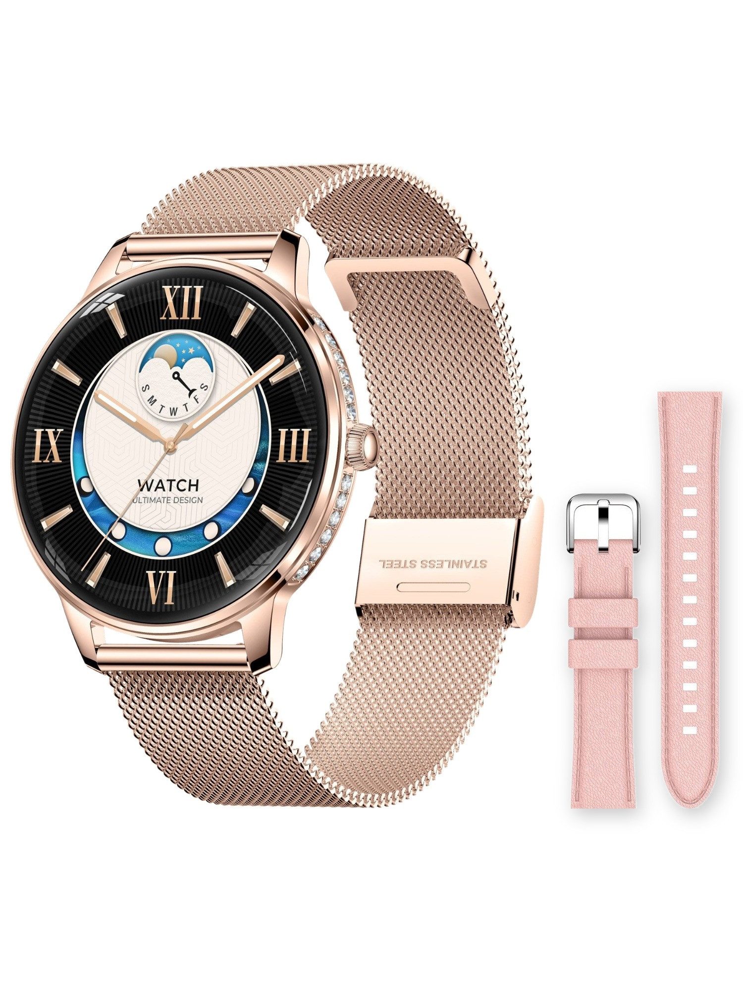 Zevelora Damen Uhr Fitnessuhr Fitness Tracker Schrittzähler Pulsuhr Strass rund Smartwatch (3 cm/1,19 Zoll, Android/iOS) Set, 3-tlg., mit …