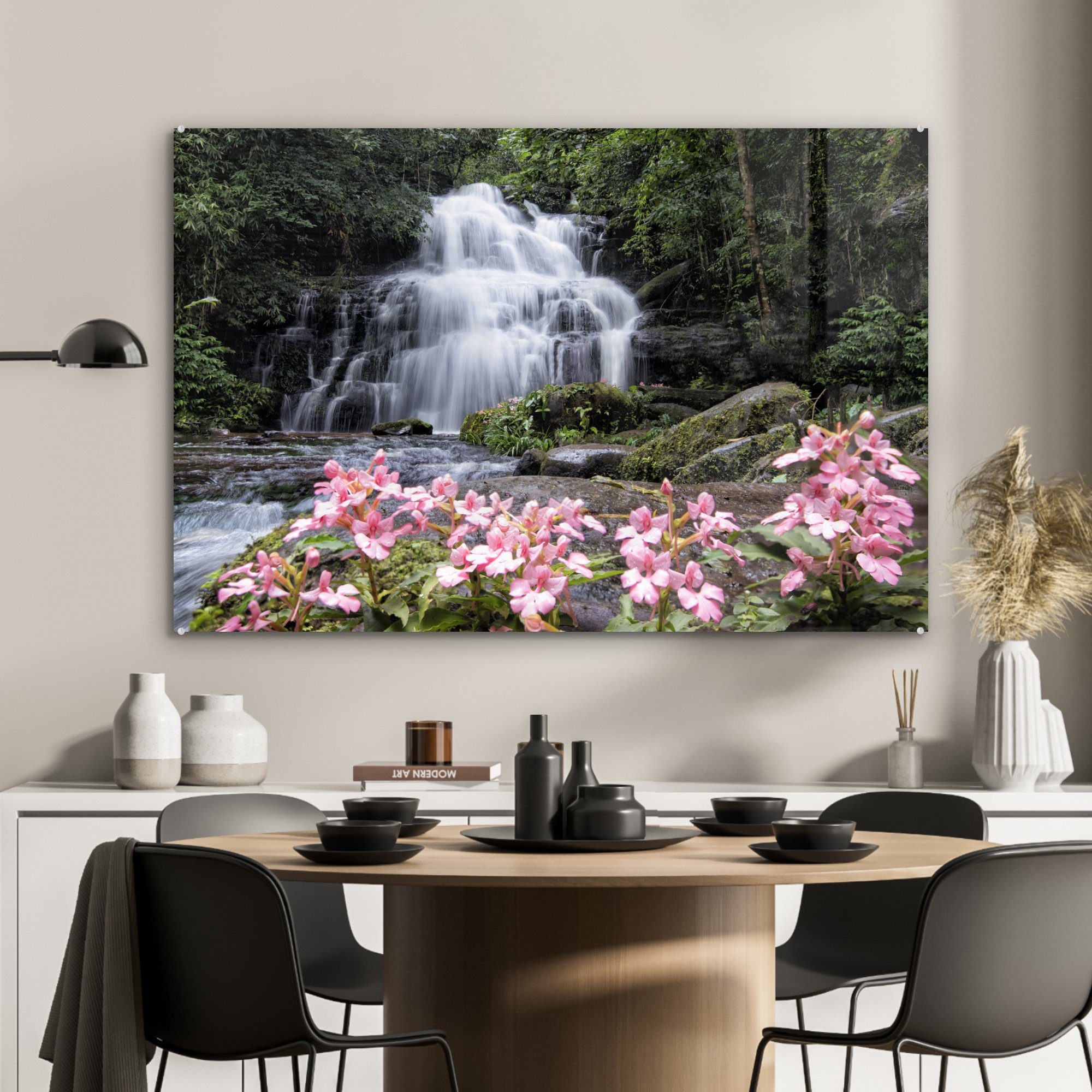 MuchoWow Acrylglasbild vor im Wohnzimmer Wasserfall & wachsen Rosa Acrylglasbilder (1 Phu Löwenmäulchenblüten Schlafzimmer einem Rong, St), Hin