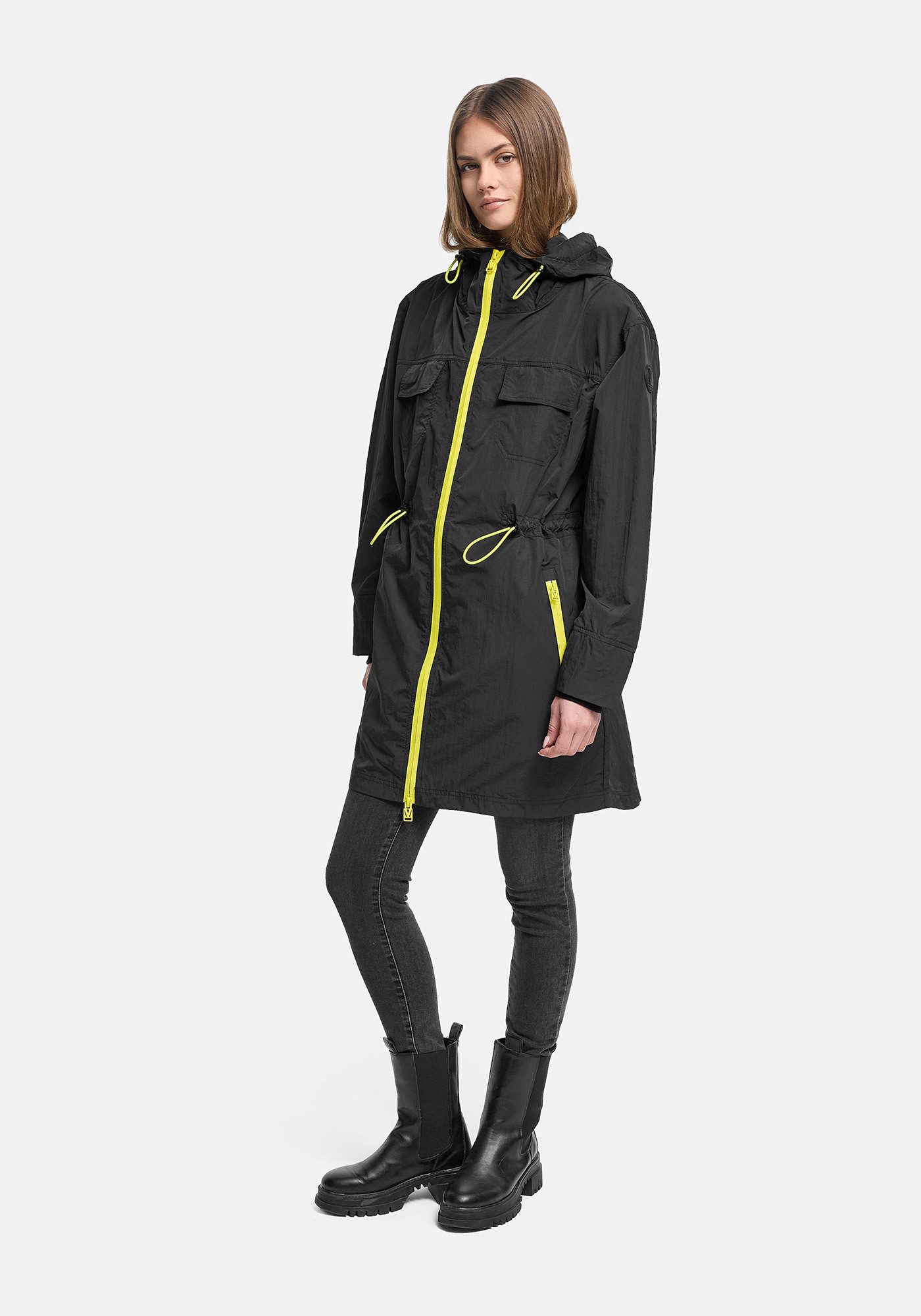 Marikoo Outdoorjacke Trüffelbonbon Langer Windbreaker mit Kordelzug und Kontrastreißverschluss