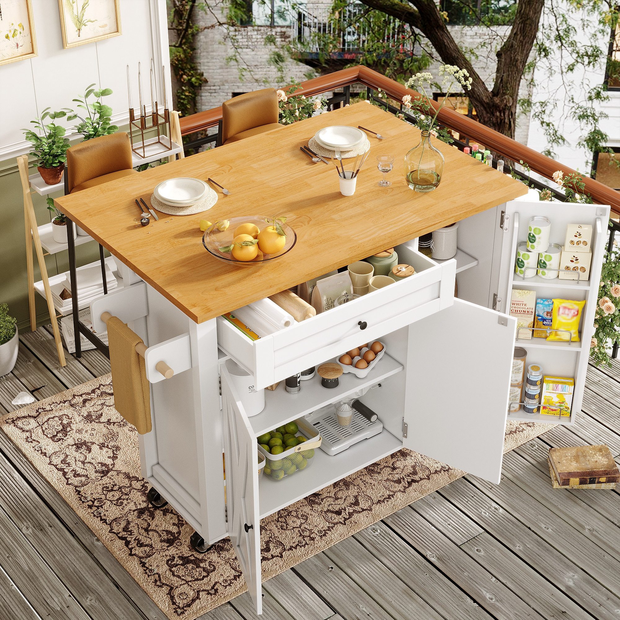 OKWISH Küchenwagen für Küche und Wohnzimmer, (mit klappbarer Arbeitsfläche, großem Stauraum & Rollen, 1 St., 99x70x90 cm), mit Rollen