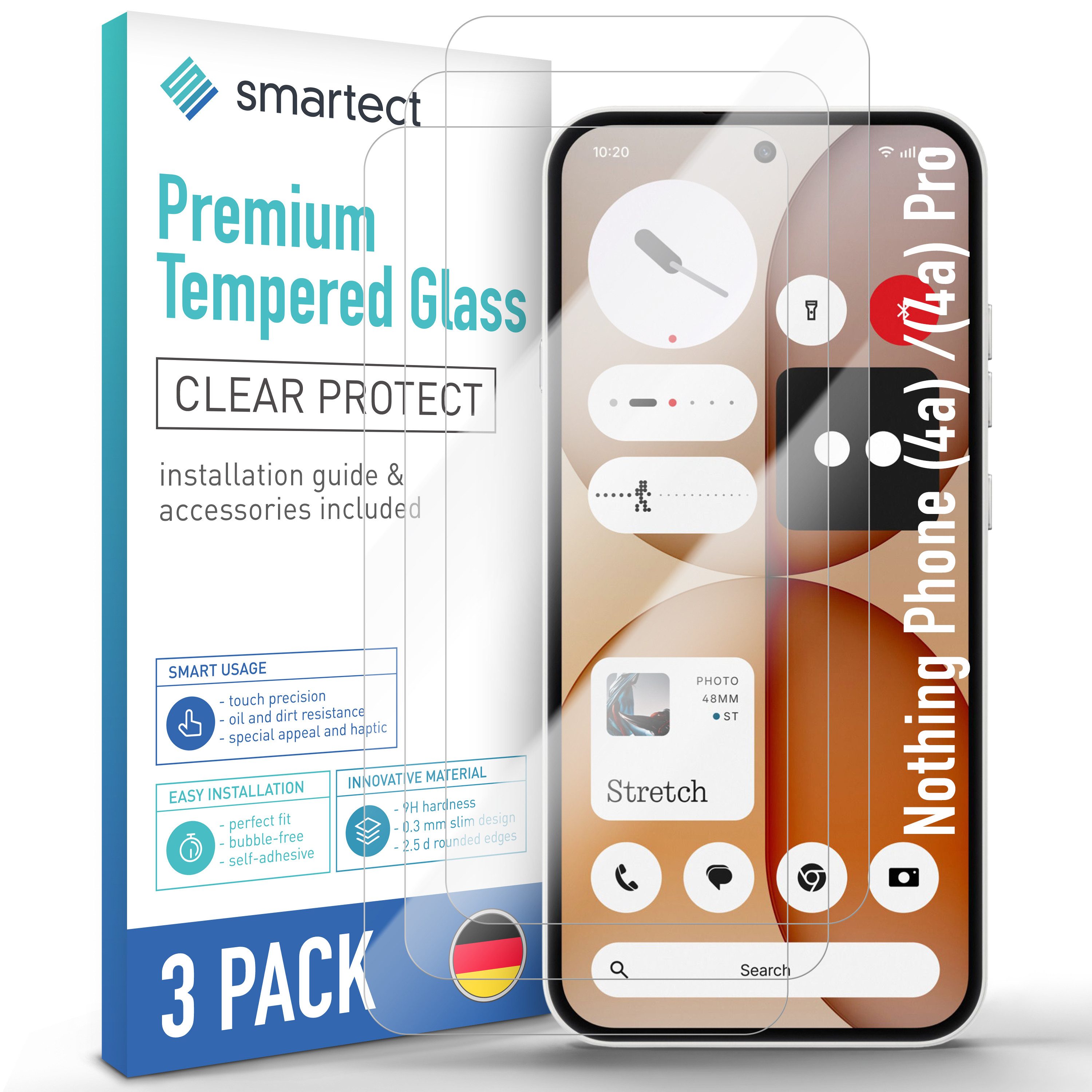 smartect Displayschutzglas 3X Schutzglas Panzerfolie Klar für Nothing Phone (4a) Pro / (4a) für Nothing Phone (4a) Pro / (4a), Set, 3 Stück, 0.3 mm Ultra-klar, 9H Härte, Kratzfest, Stoßfest, Blasenfrei, Oleophob