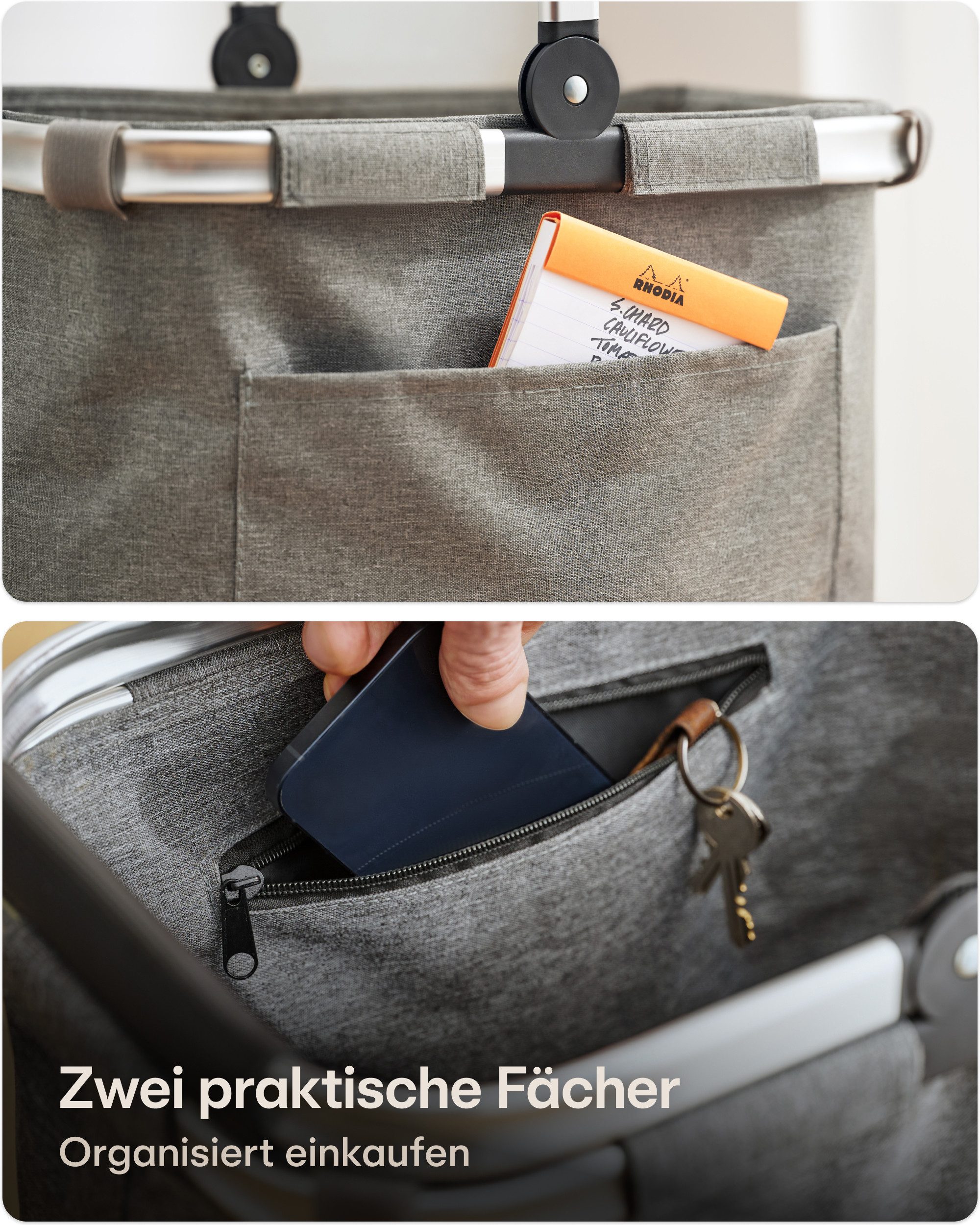 Praknu Einkaufskorb Einkaufskorb Faltbar – 2 in 1 Erweiterbar, Waschbarer Bezug, Tragekorb, 25 l, Stabil mit Alurahmen & Verstärktem Boden – Extra Fächer innen  – Bild 5 von 5