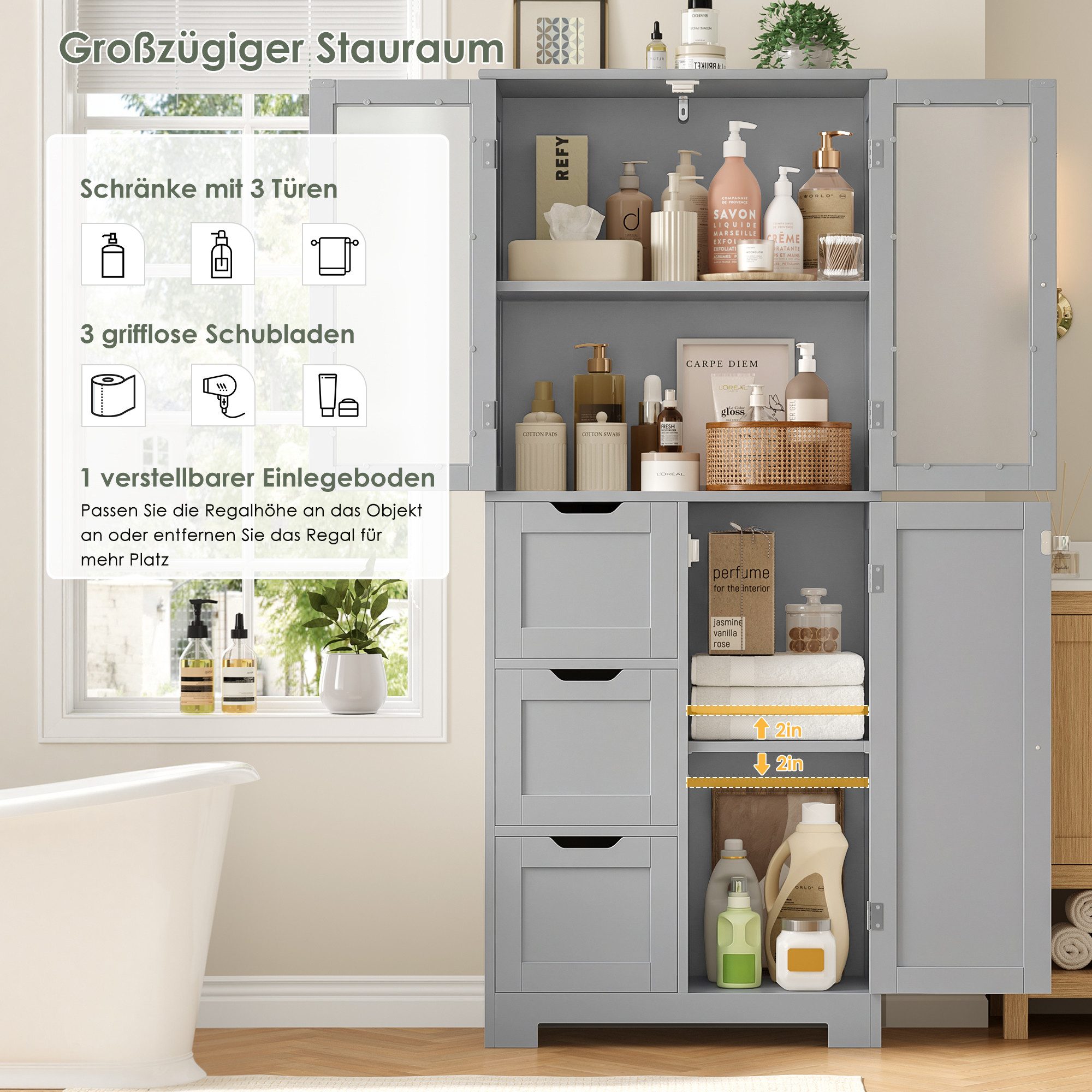 HOMECHO Hochschrank Badezimmerschrank mit 3 Türen und 3 Schubladen