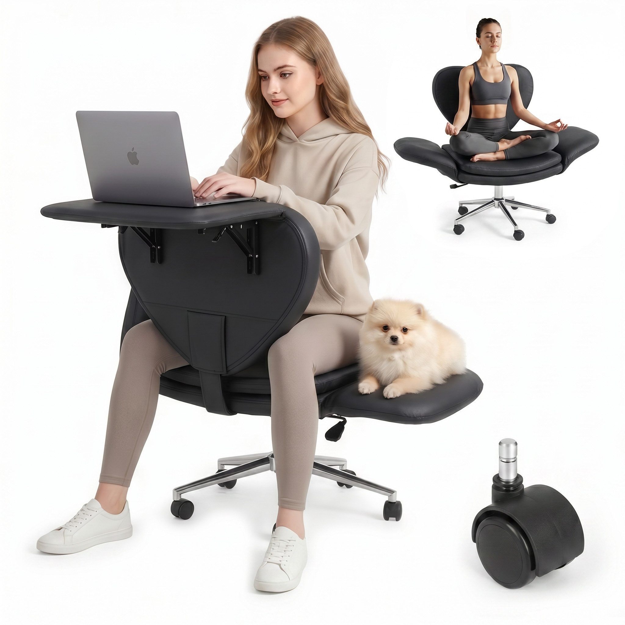 Patbrela Bürostuhl drehbar, mit klappbarer Tischplatte für Laptop und Rollen, 360° drehbarer Chefsessel mit Armlehnen, bis 180 kg