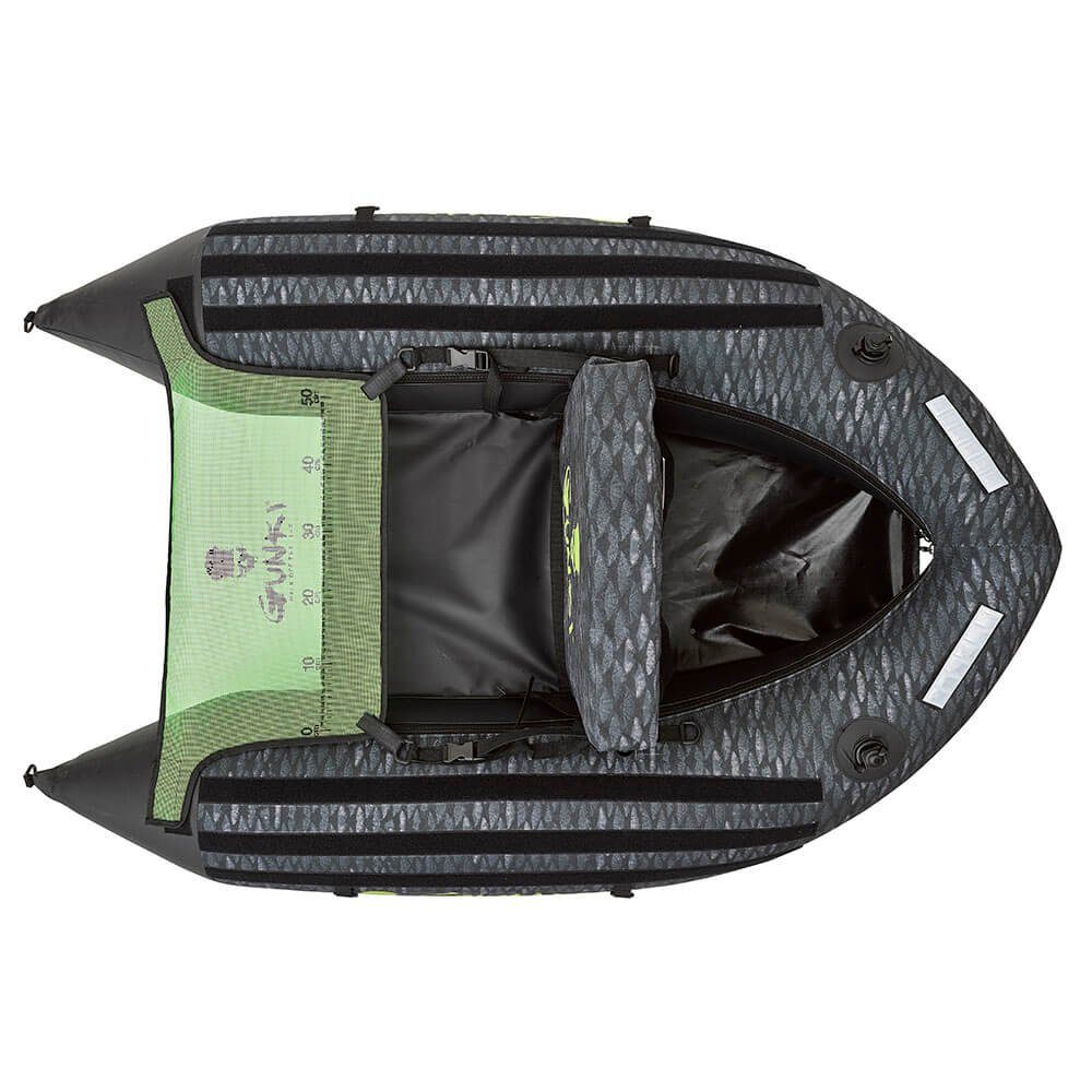 Gunki Fishing Schlauchboot Gunki Belly Boot Squad Camo Fish, (Eine Seitentasche Gunki Team, Eine Seitentasche Gunki Medium, Reparatur-Kit, Tragegurte, Fusspumpe, Rod Scratch (x2), Reflektierende Sicherheitsstreifen (x3)