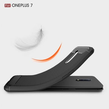 König Design Handyhülle OnePlus 7, OnePlus 7 Handyhülle Carbon Optik Backcover Grau
