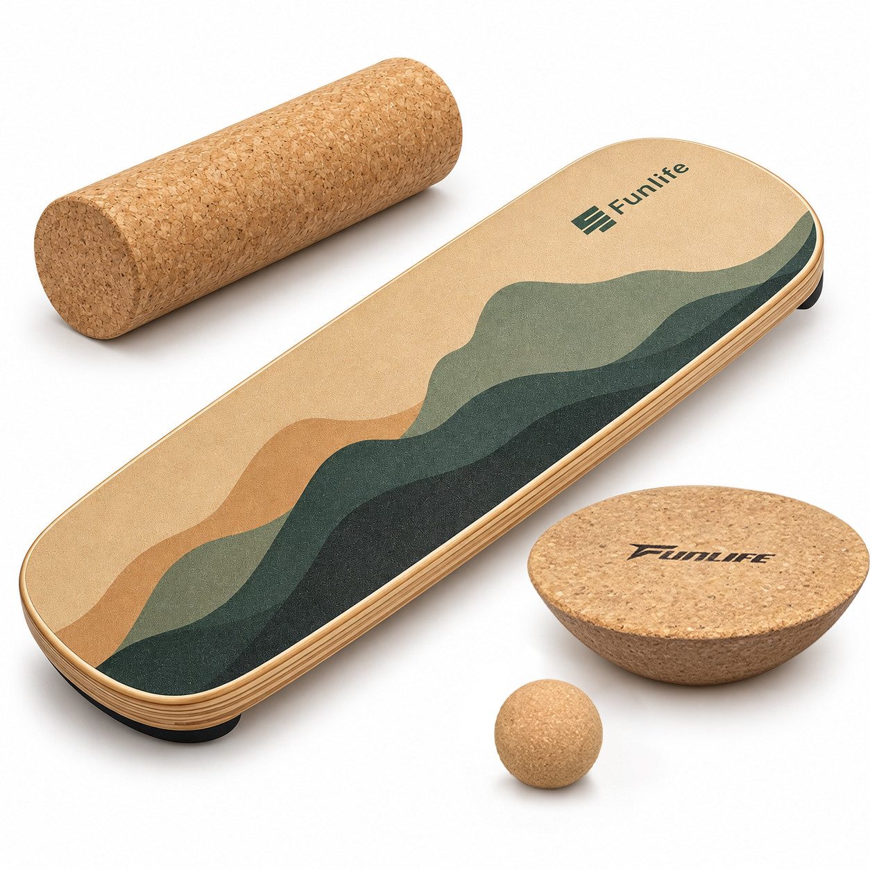 FunLife Balanceboard Design-Edition – einzeln, mit Fitnessbändern oder Balance-Zubehör, Wackelbrett aus Birkenholz mit Korkrolle, bis 150 kg belastbar