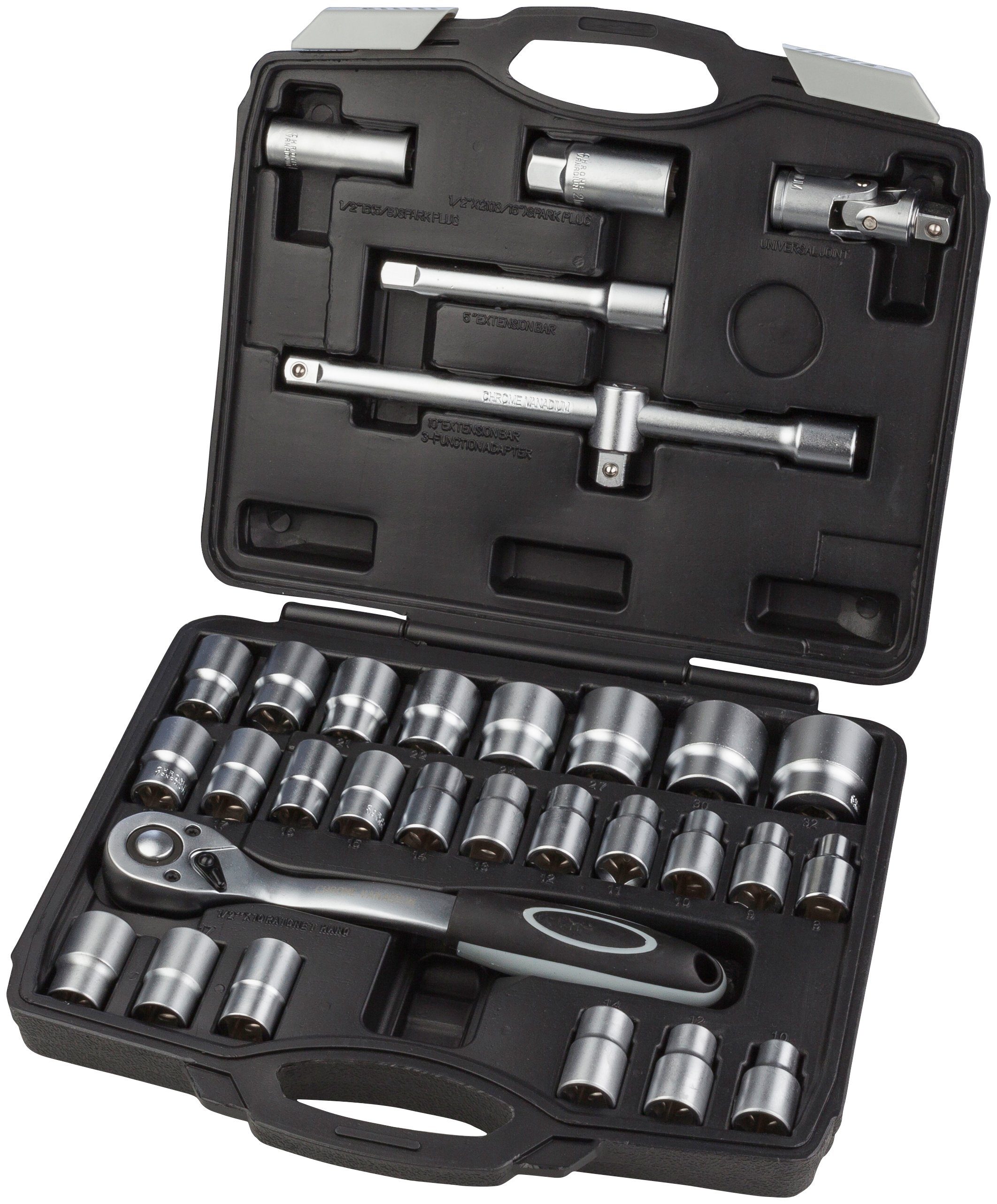 Holen Sie sich das echte Angebot zu einem tollen Preis! WGB BASIC PLUS Set, im Stahl, 1/2" Stahlblechkasten 32-St., Stecknüsse Chrom-Vanadium Steckschlüssel-Garnitur