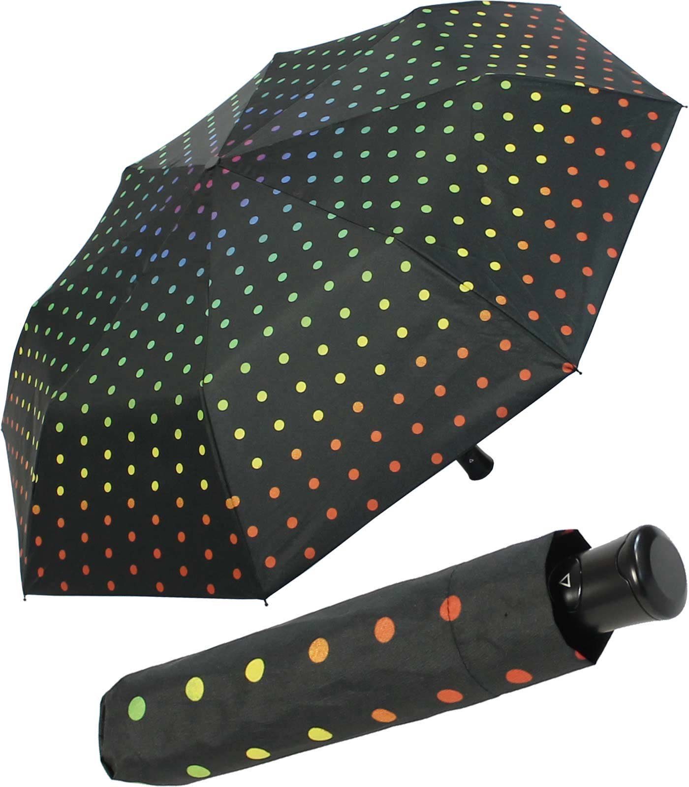 mit Regenschirm auf Damen, Taschenregenschirm Auf-Automatik HAPPY mit schöner Schwarz RAIN Regenbogen-farbenen Punkten für