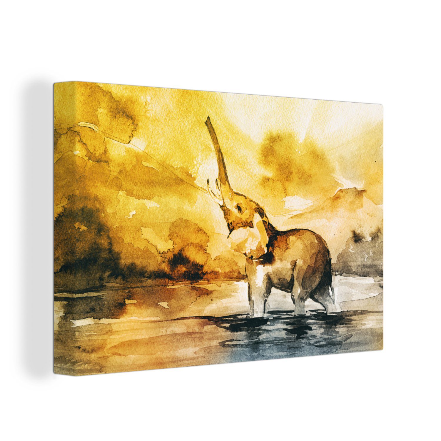 OneMillionCanvasses® Leinwandbild Elefant - Aquarellfarbe - Wasser, (1 St), Wandbild Leinwandbilder, Aufhängefertig, Wanddeko, 30x20 cm | Leinwandbilder