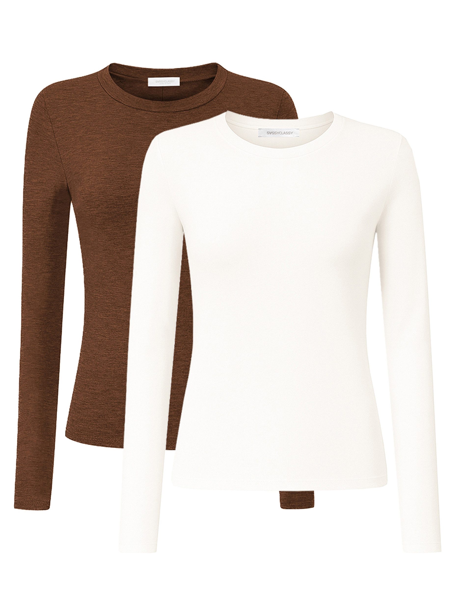SASSYCLASSY Langarmshirt Langarmshirt Set für Damen Elastisches Top aus Viskose mit Rundhals Weiß-Schwarz