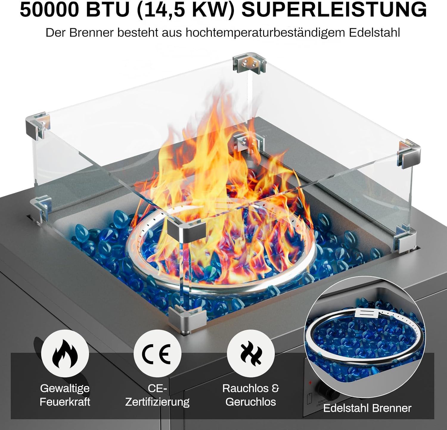 TLGREEN Feuerstelle Gas Feuerstelle 20 Zoll Quadratisch, (Outdoor Feuertisch mit Glaswindschutz 14,5 kW, Flüssiggas Gaskamin Garten Terrasse Balkon mit Schutzhülle Glassteinen), 4PCS Füße, 50x50x62cm