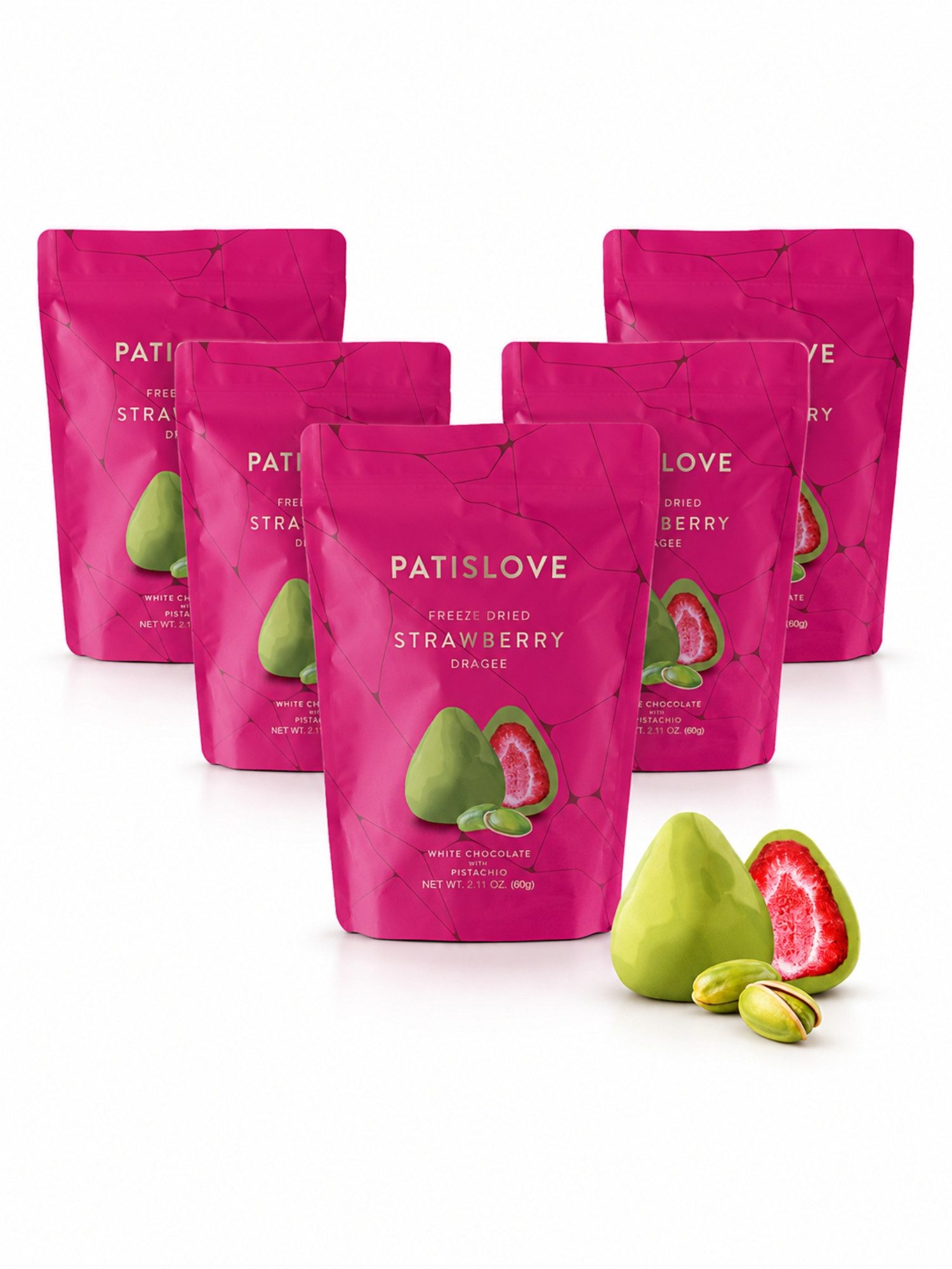 PATISLOVE Schokolade Erdbeer-Dragees mit Pistazie, weißer Überzug, 60 g, 1 x 60 g, mit gefriergetrockneter Erdbeere, mit Pistazie