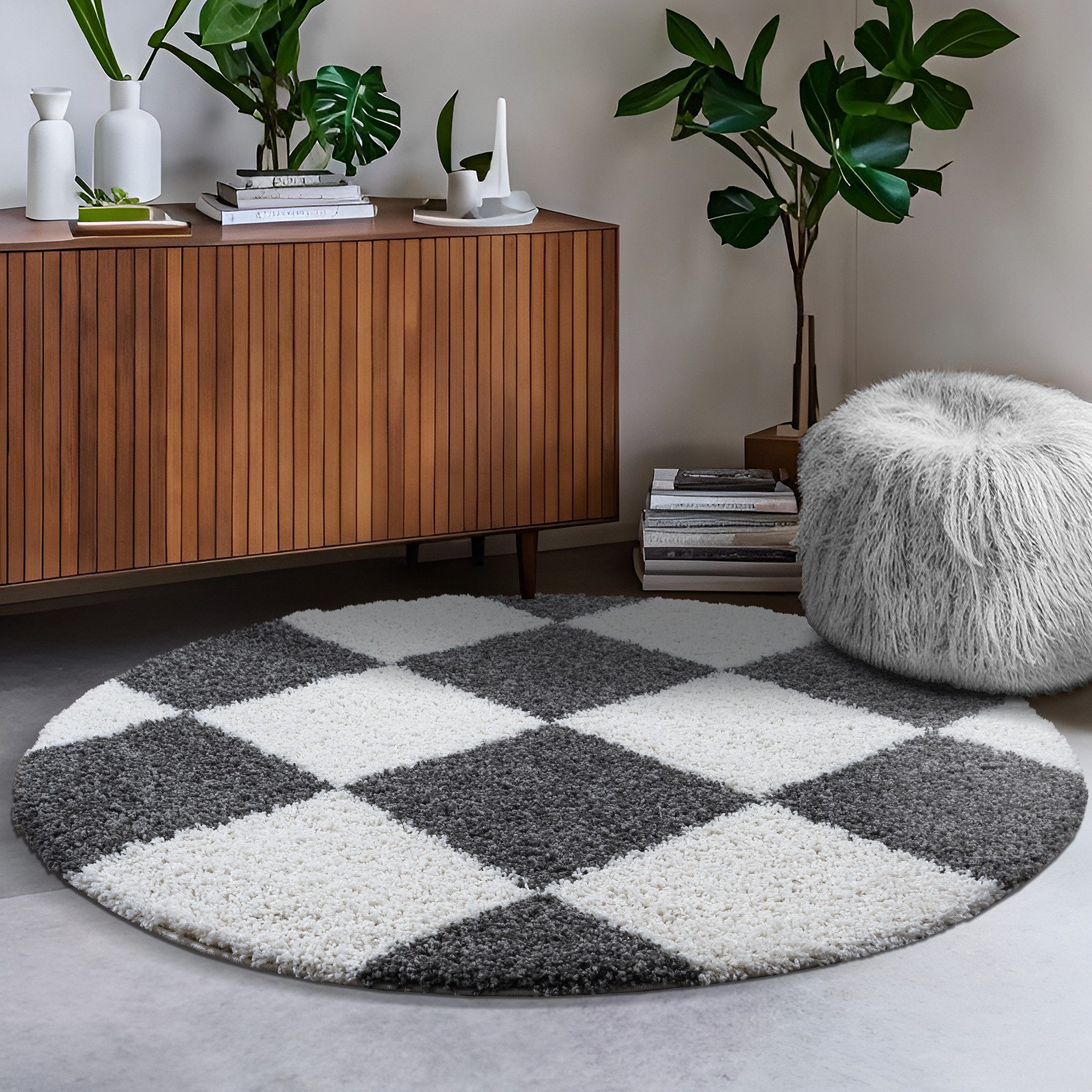 Sanat Hochflor-Teppich Milano 1250, auch als Läufer und in Rund, rund, Höhe: 30 mm, Hochflor, Shaggy, Karo, Wohnzimmer, Schlafzimmer