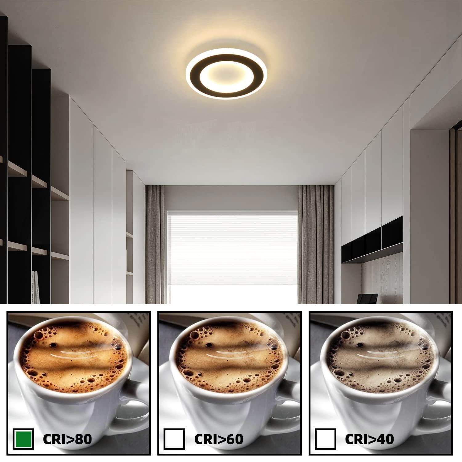 ZMH LED Warmweiß, 24cm Deckenleuchte LED 20W und Wohnzirmmer, Rund, nicht Weiß Schwarz Flurlampe integriert, B-B dimmbar, Deckenlampe fest