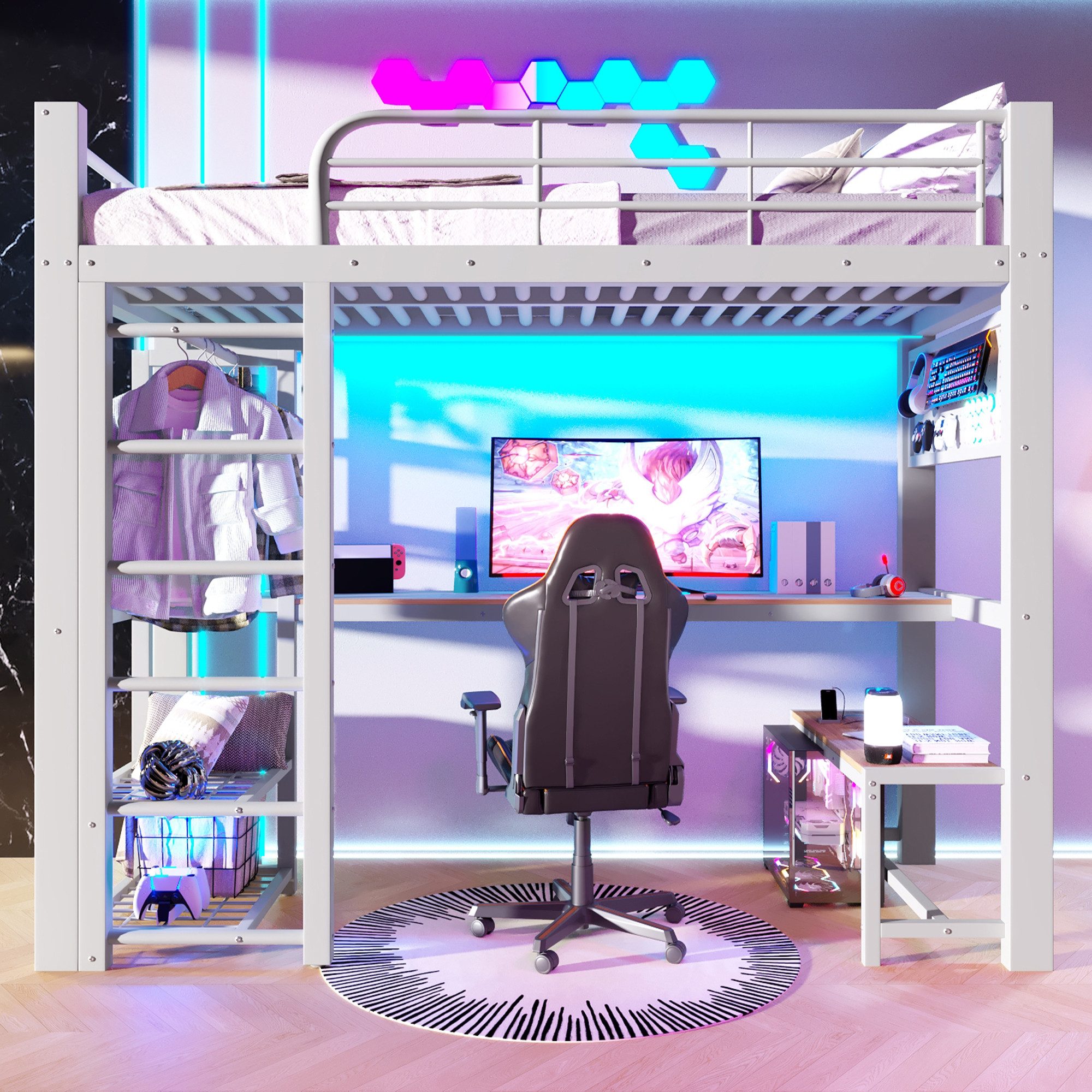 Flieks Hochbett Metallbett 90x200cm mit LED-Lichtleiste Schreibtisch Kleiderstange