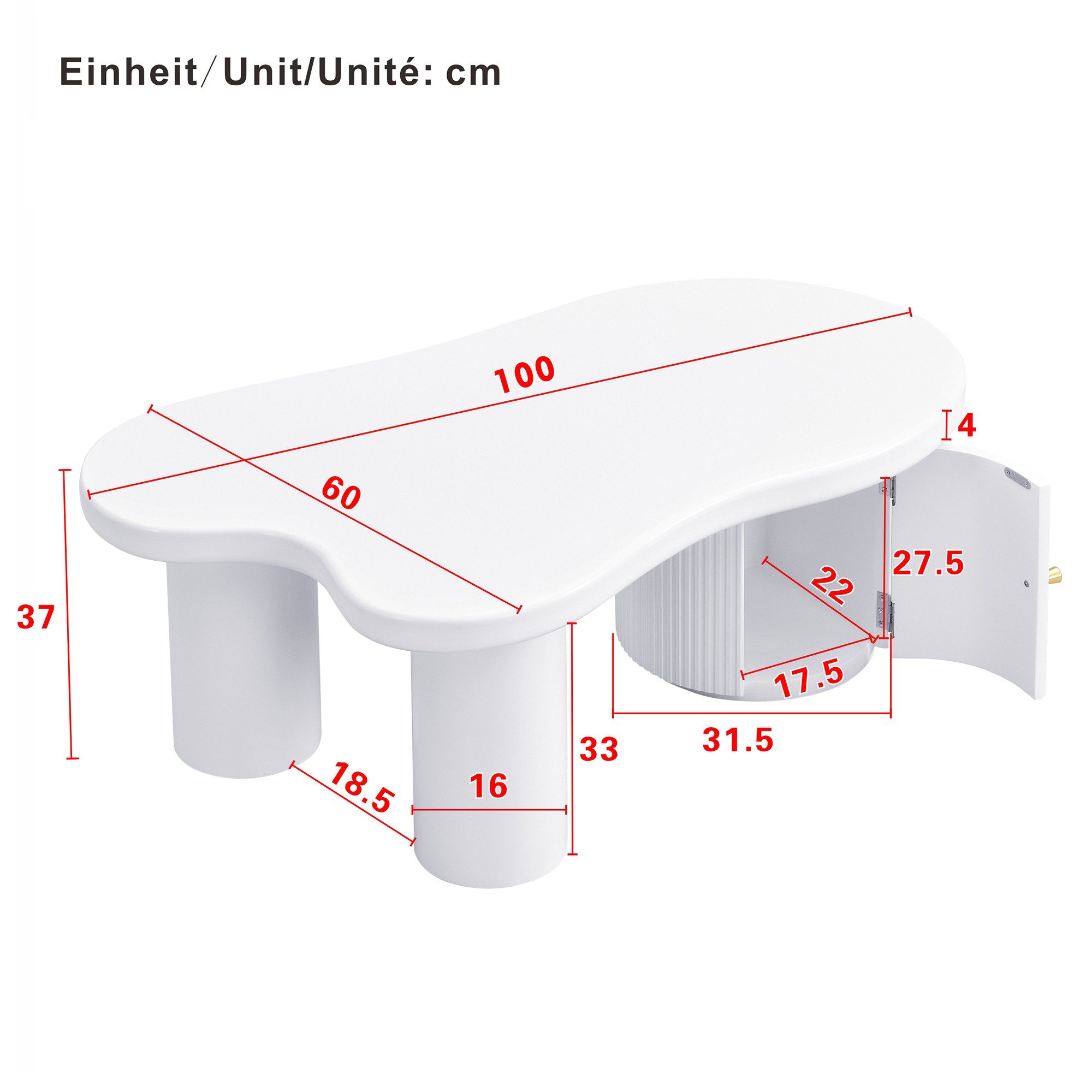 Furnishings Home Couchtisch Mit Stauraum Asymmetrischer stilvoll und robust für Wohnzimmer & Büro (1-St), Die geschwungene Silhouette zylindrischem Fuß 100 L x 60 B x 37 H