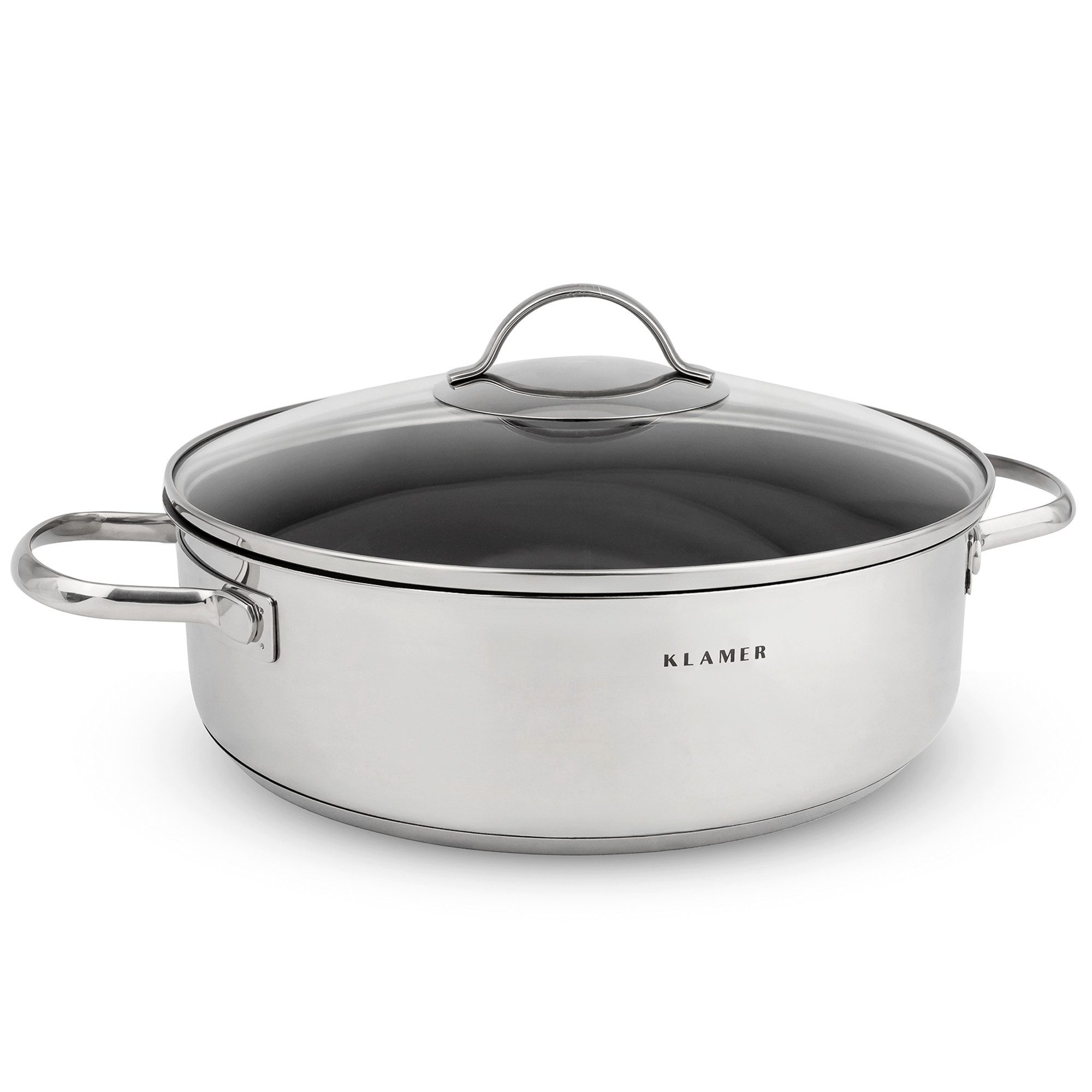 KLAMER Servierpfanne mit Deckel 28cm Induktion, antihaftbeschichteter Edelstahl Schmortopf…, Edelstahl, Energiesparend, Güteglasdeckel, tropffrei abgießen