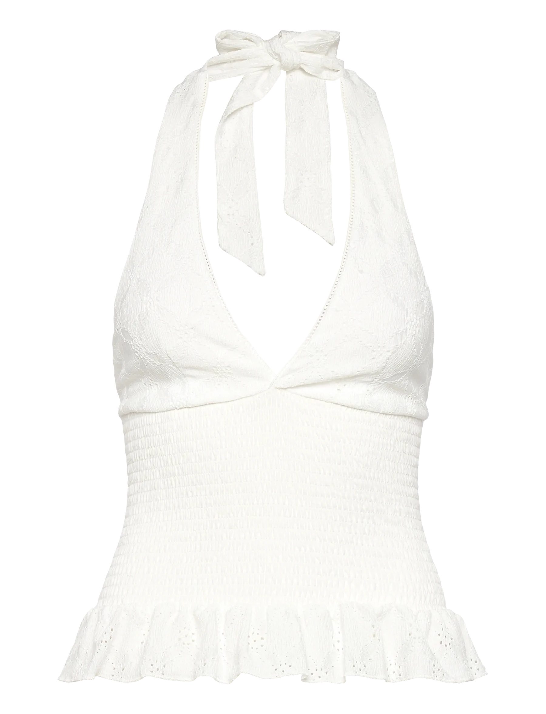 Gina Tricot Shirttop - Neckholder-Top - weißes Broderie Top mit Schößchen - Damen Top