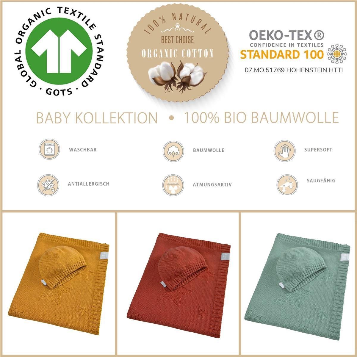 Babydecke 90x70cm - Strickdecke Baumwolle, Design, 100% SEI inkl. BIO Ochre Geschenkverpackung aus