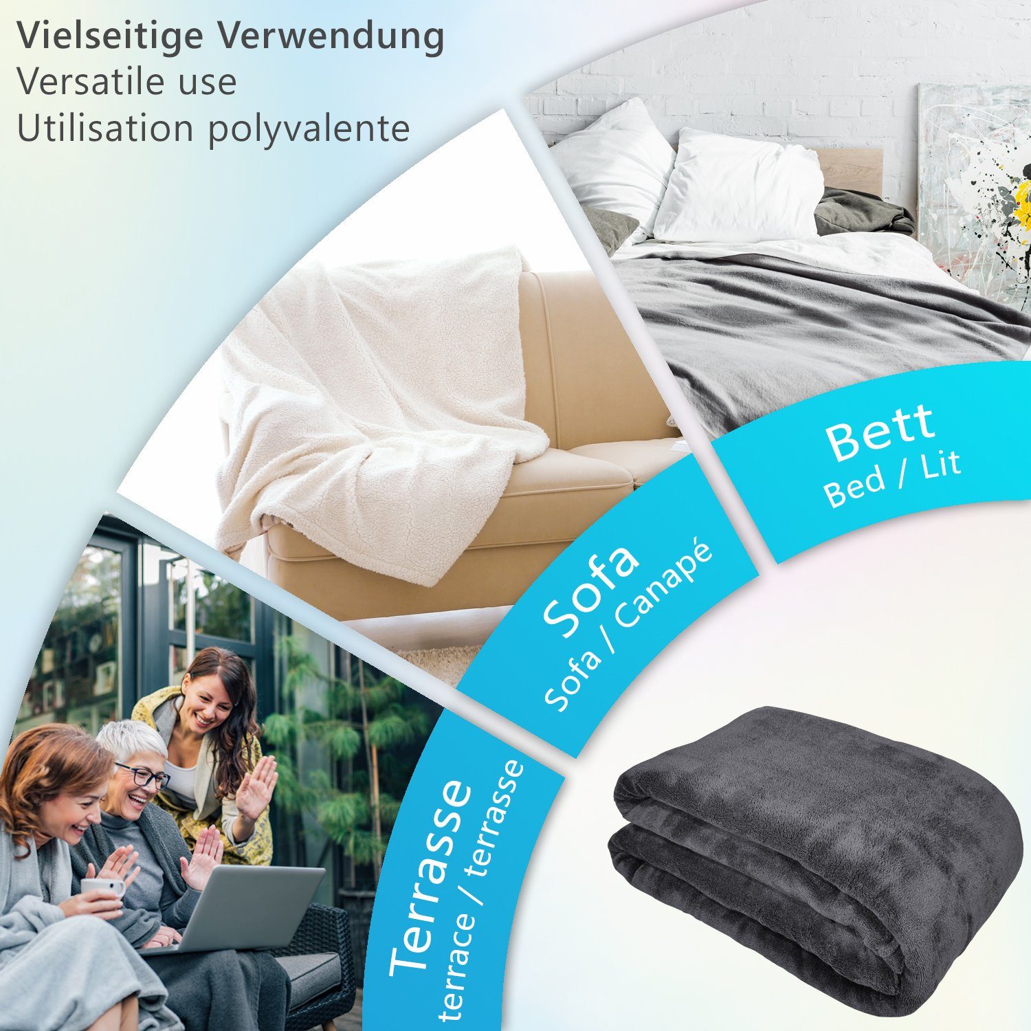 Wohndecke Wendedecke mit Flanellseite Luxus Wärmender Anthrazit & Sofa, & Wollimitat für NYVI, Couch Seite CozyLuxus Seidenweicher 150x200 Wohndecke Kuscheldecke