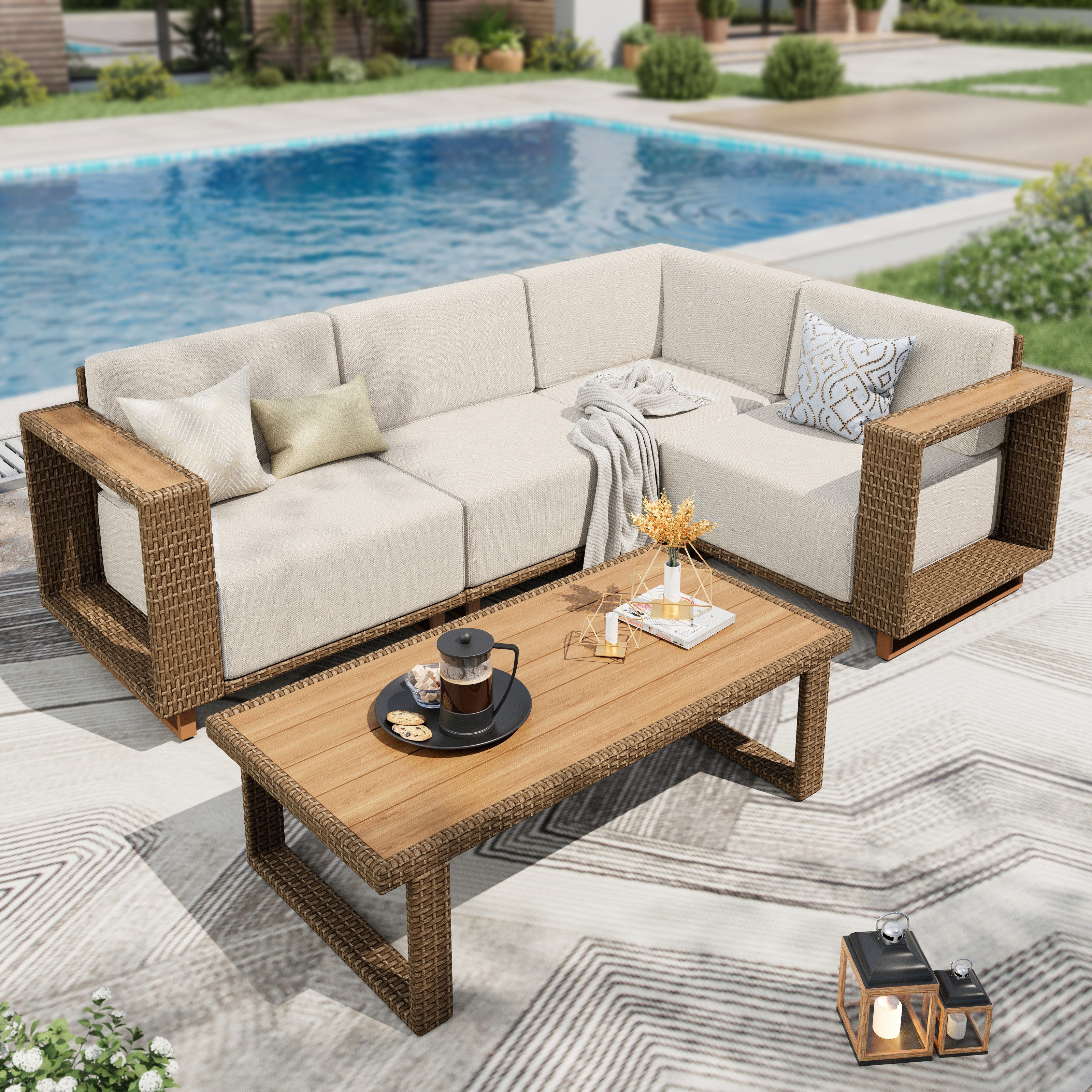 PHI VILLA Gartenlounge-Set, (Rattan Gartenmöbel Set Balkonmöbel, Lounge Möbel Outdoor Sofa Sets für Garten und Terrasse)