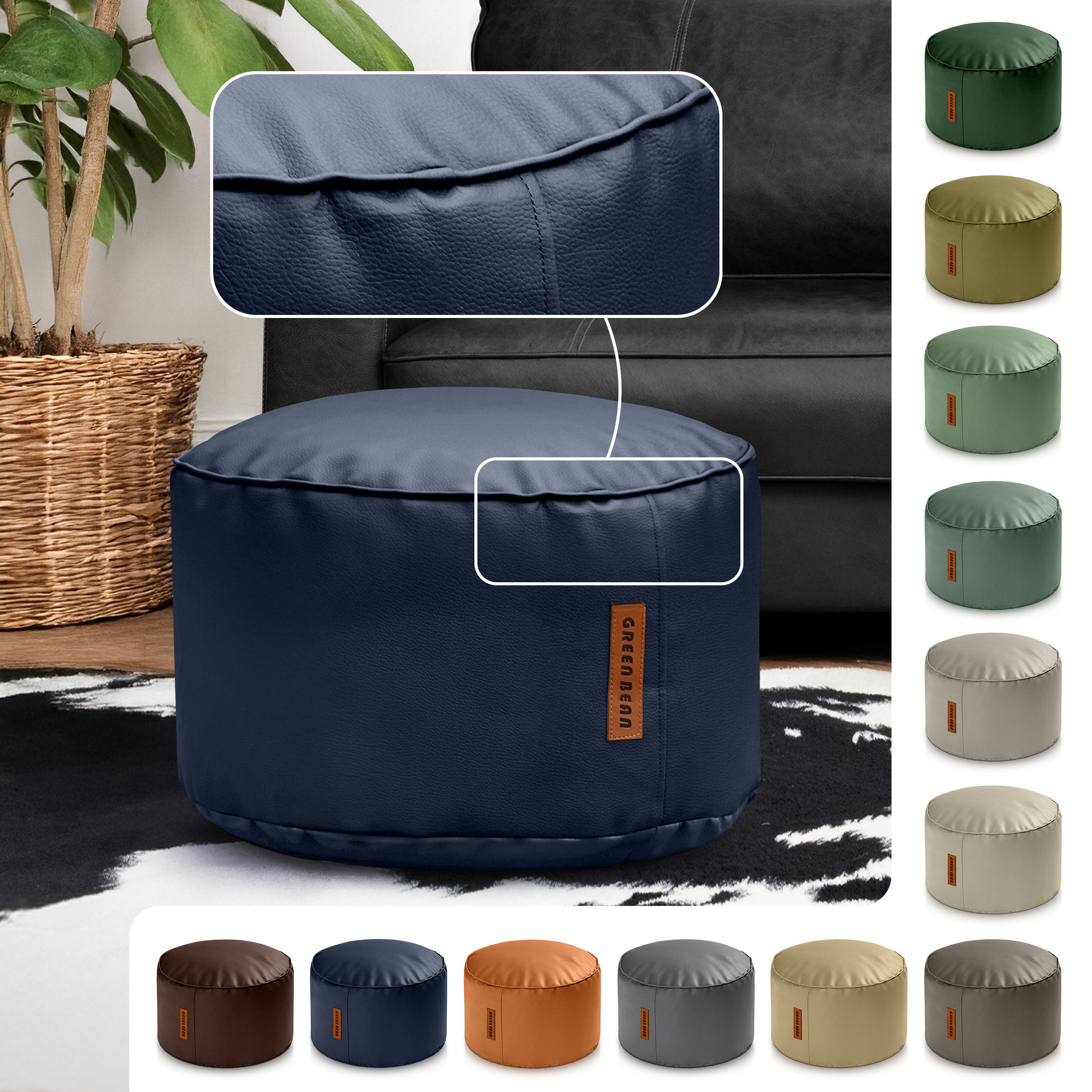 Green Bean Pouf Sitzsack-Hocker Kunstleder Stay rund (Indoor / Outdoor, abwaschbarer Oberfläche & EPS Perlen Füllung, Sitzwürfel Sitzkissen Hocker Sitzhocker), die ideale Ergänzung zum Sitzsack