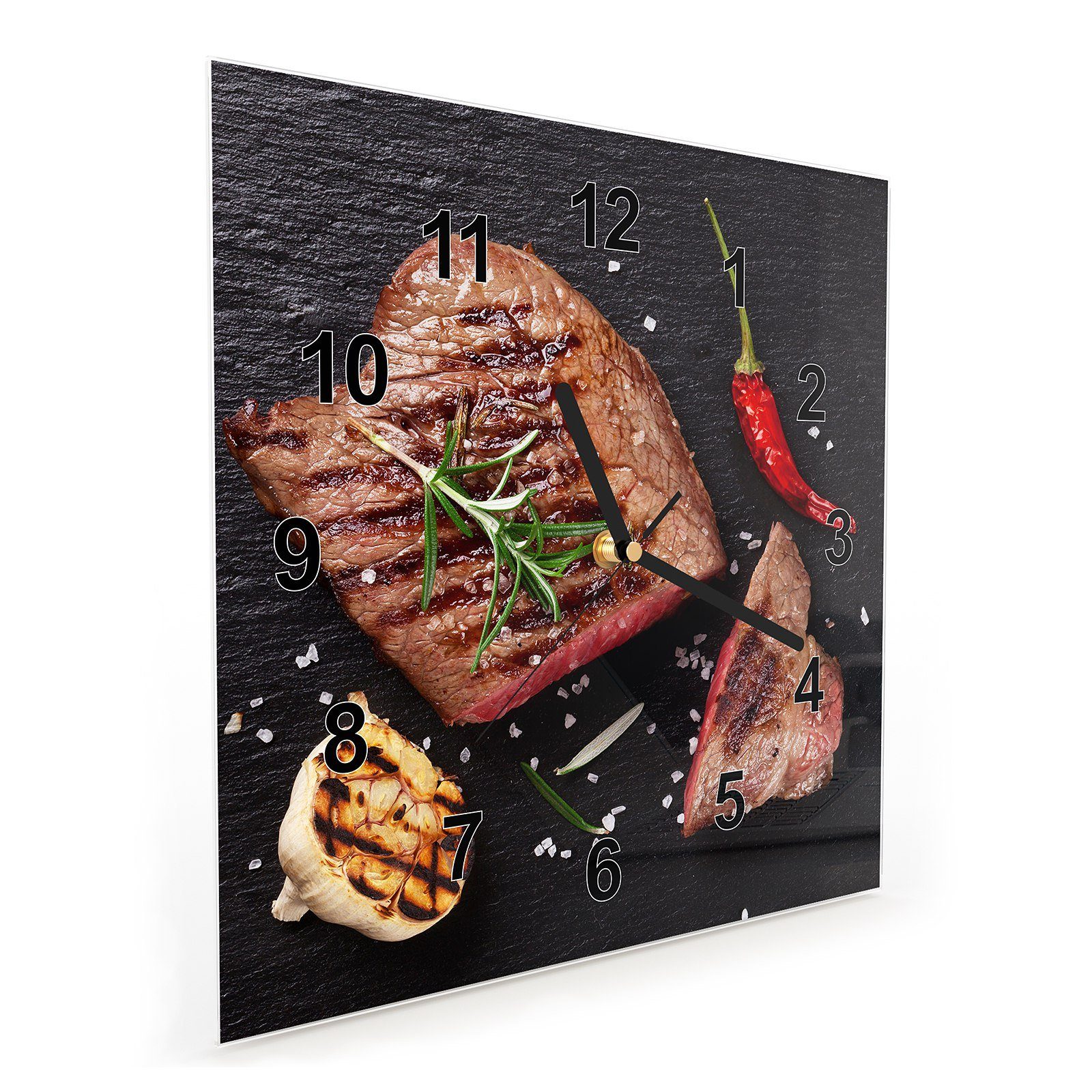 Wanduhr 30 Glasuhr Wanduhr x mit 30 Steak Primedeco Wandkunst Motiv cm Größe und Chilli