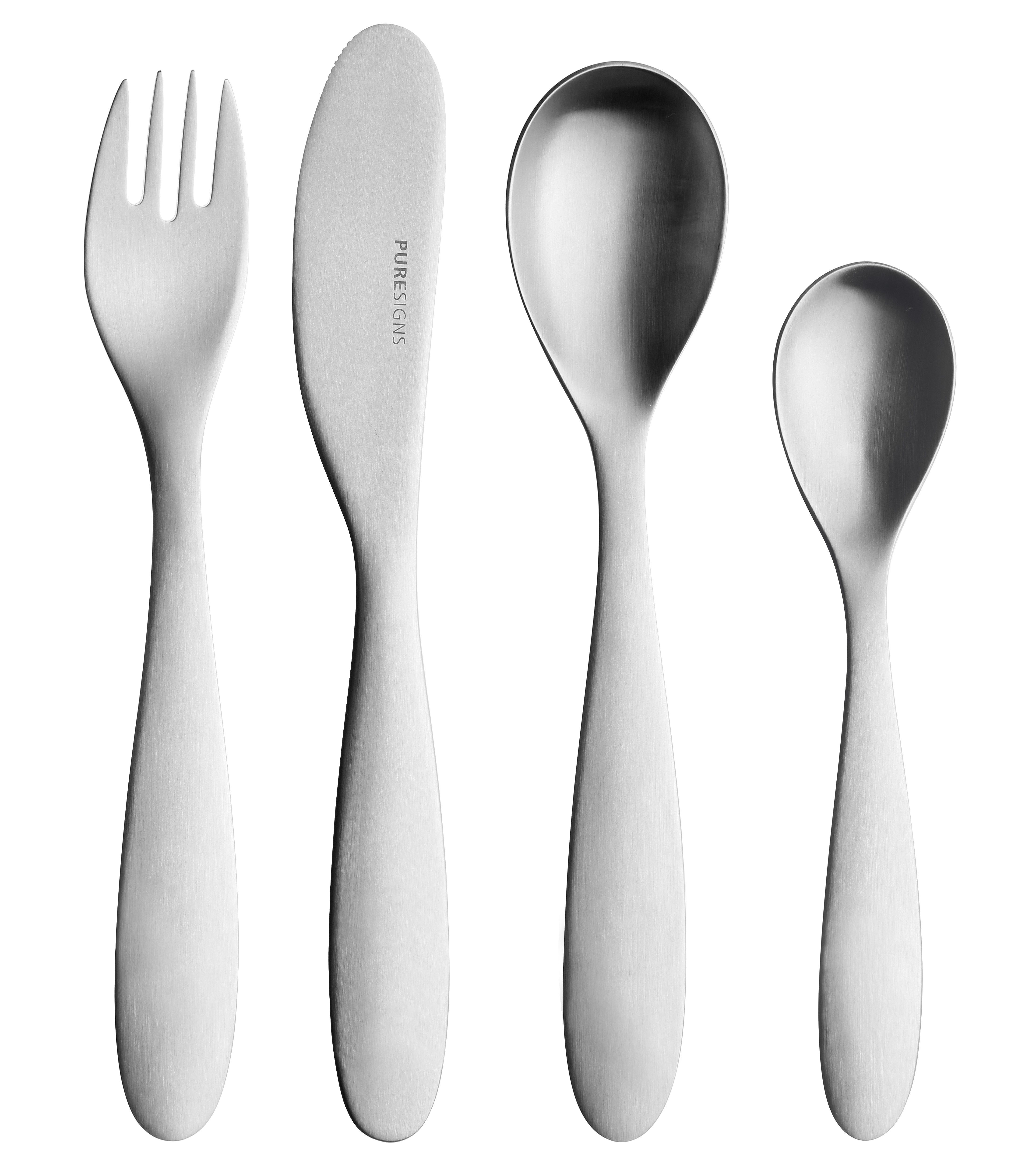 PURESIGNS Kinderbesteck SEVEN (4-tlg), 1 Personen, Edelstahl 18/10, Plastikfreier Essgenuss für die Kleinen