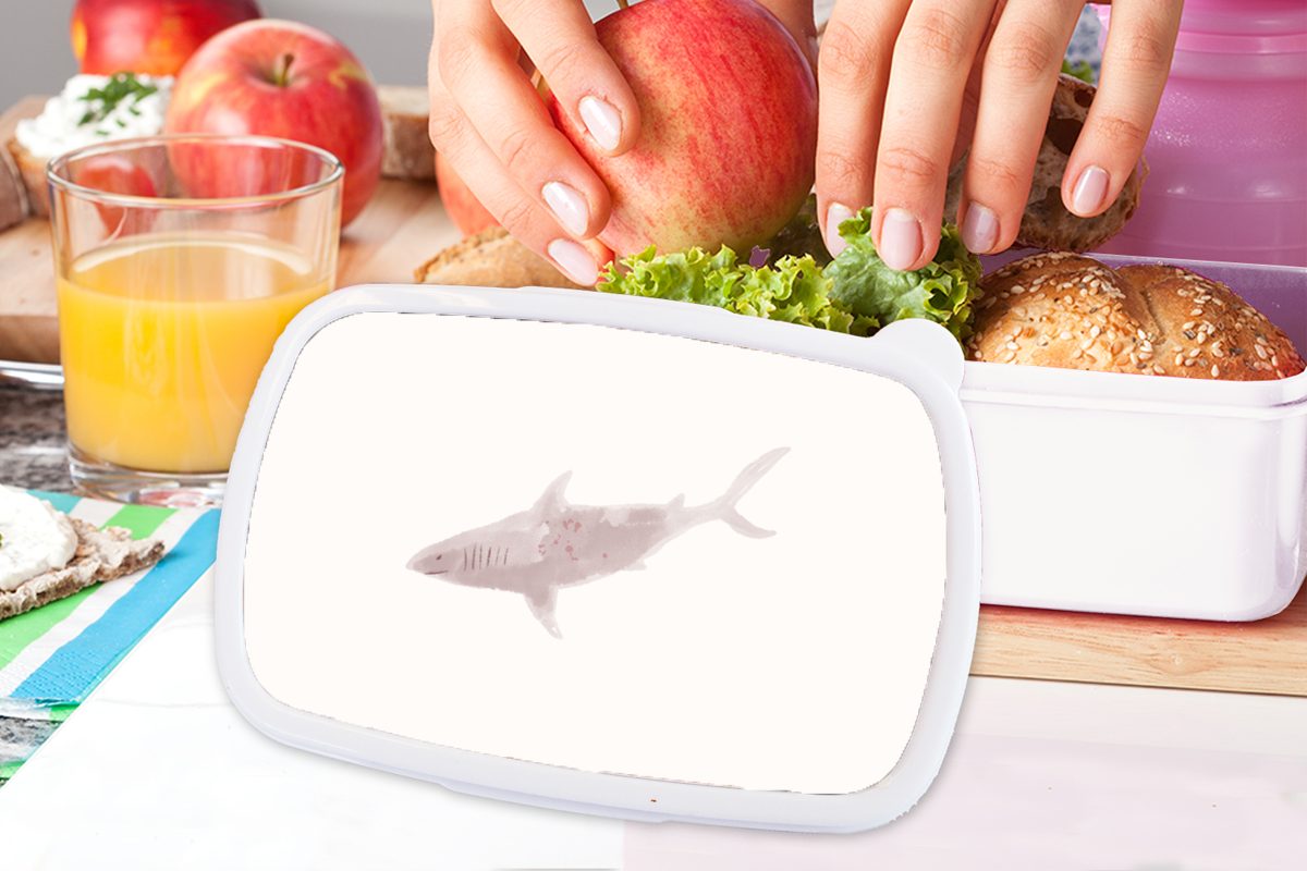 Hai (2-tlg), für für und Mädchen Raubtiere Lunchbox Aquarell, Kunststoff, Jungs weiß Brotbox - Kinder und - Erwachsene, Brotdose, MuchoWow