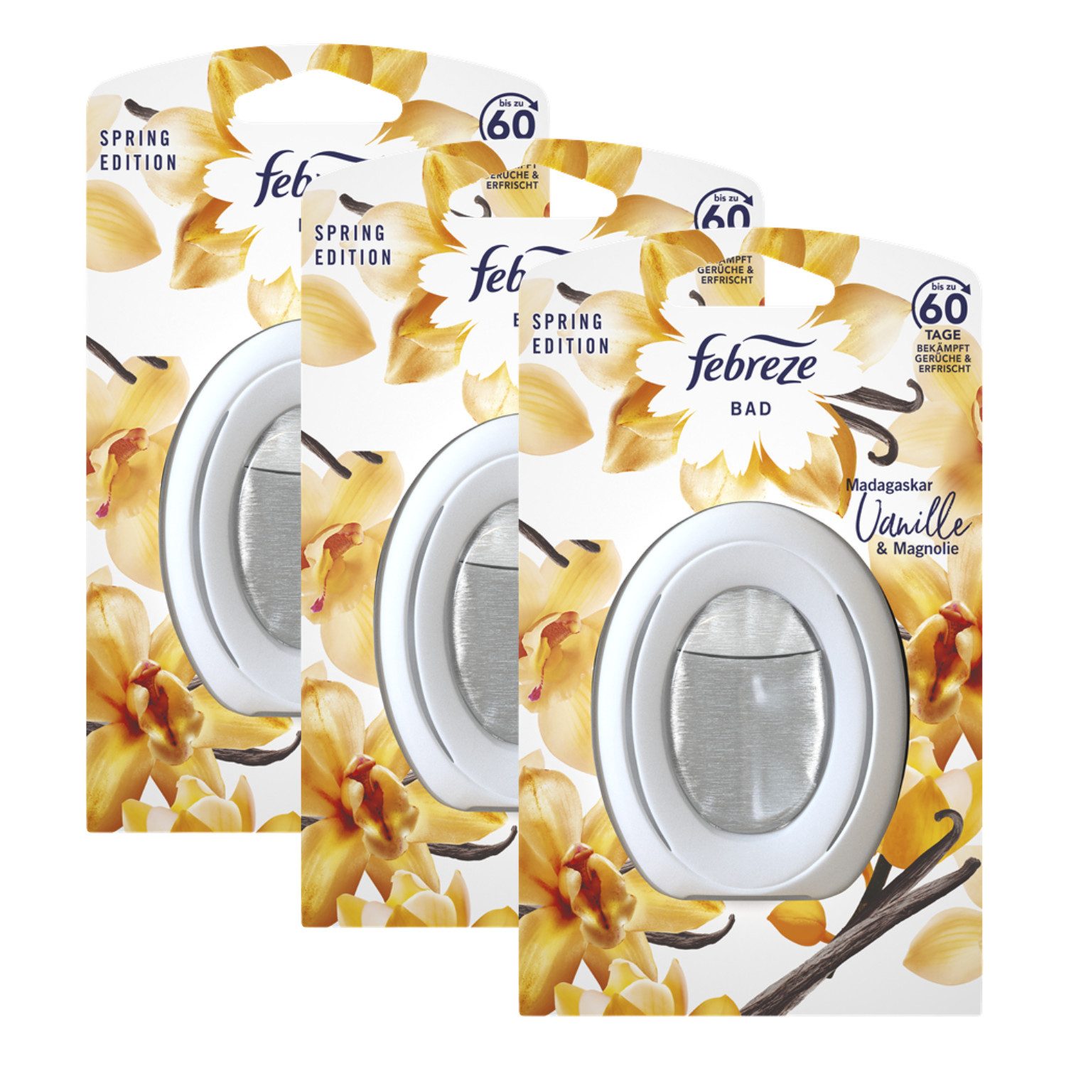 Febreze Raumduft 3 x Febreze Bad Madagaskar Vanille & Magnolie je 8 ml Lufterfrischer