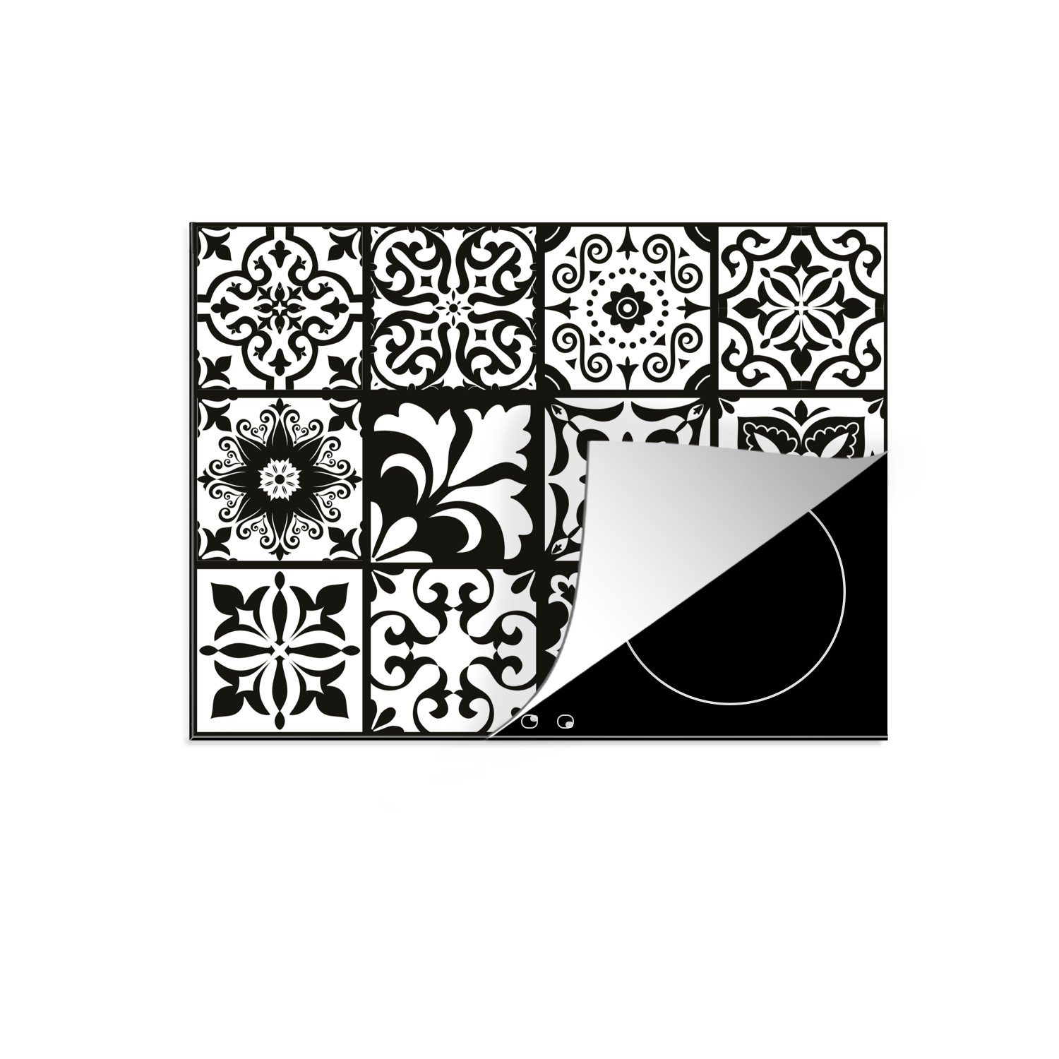 MuchoWow Herdblende-/Abdeckplatte Muster - Schwarz - Weiß - Blumen - Abstrakt, Vinyl, (1 tlg), 71x52 cm, Induktionskochfeld Schutz für die küche, Ceranfeldabdeckung