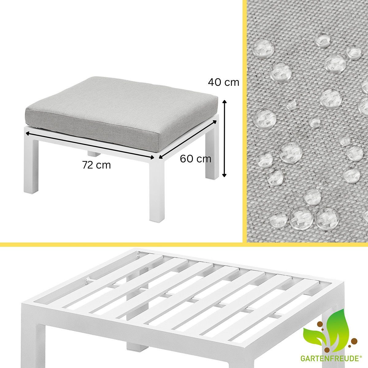 wasserabweisenden Grau mit Kissen Aluminium (1-St), Gartenfreude / Hocker Weiß / Gartentisch Stoff Teak Ambience