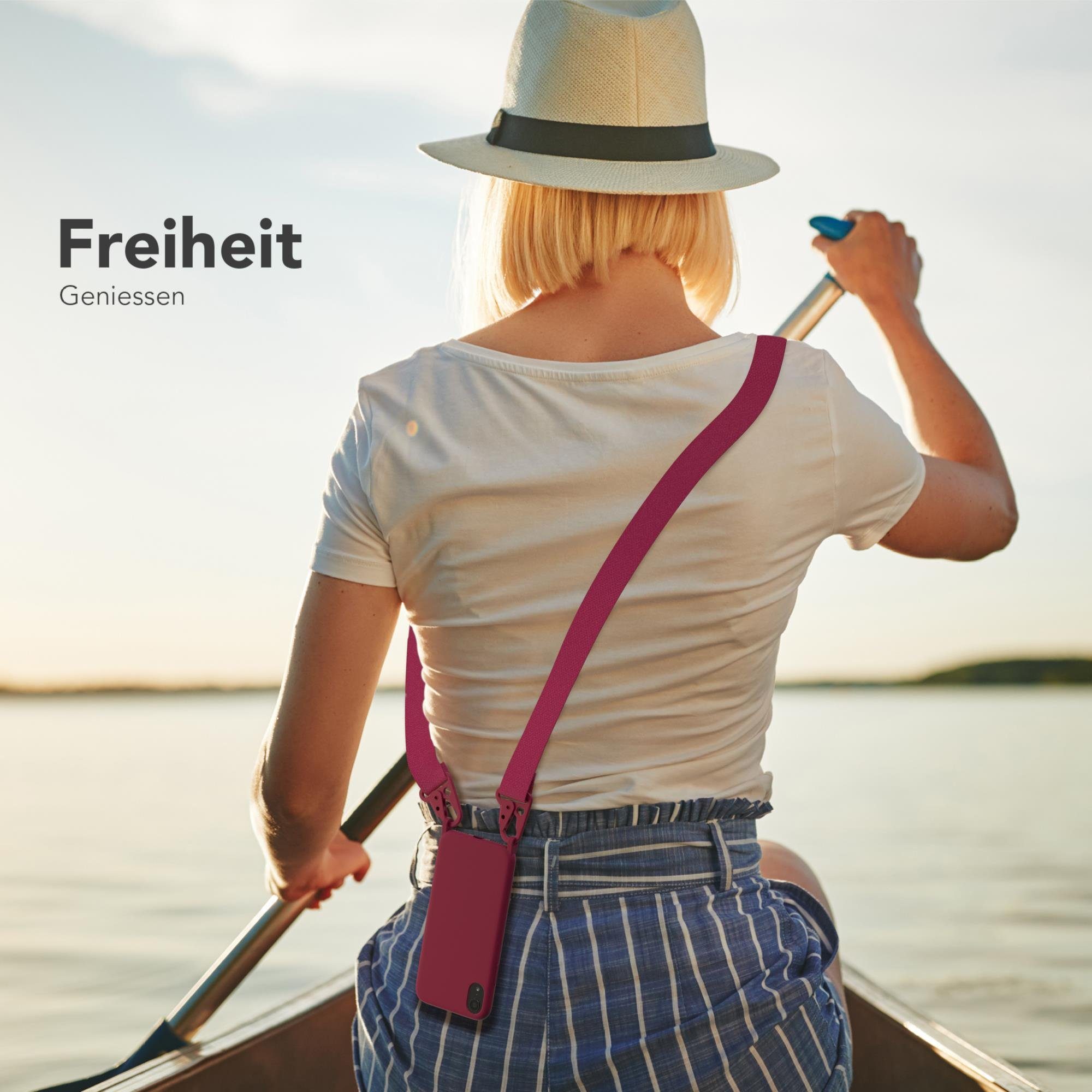 EAZY CASE Handykette Breitband Kette für Apple iPhone XR 6,1 Zoll, Necklace Hülle mit Band Festival Schutzhülle zum Umhängen Rot Beere