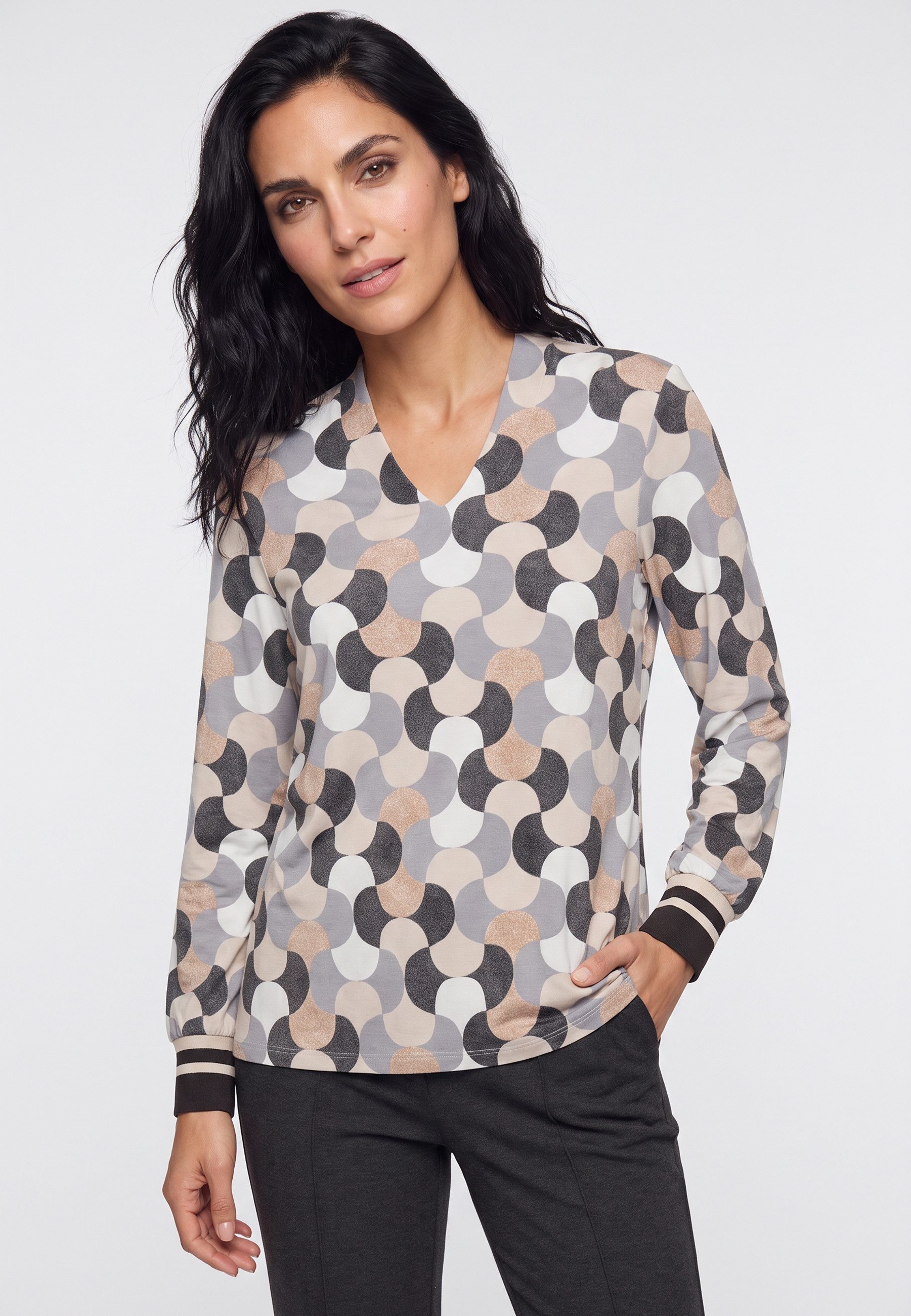 Olsen T-Shirt mit Allover-Dessin und V-Ausschnitt