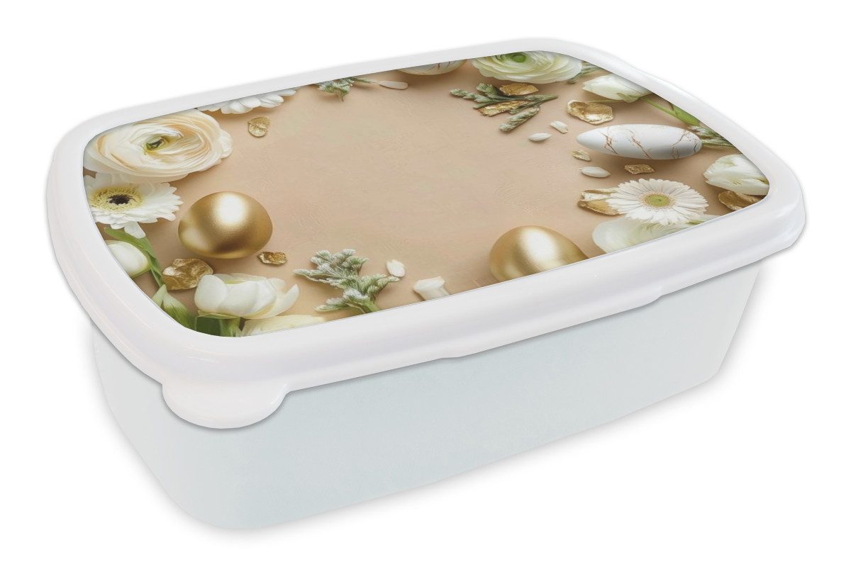 MuchoWow Lunchbox Blumen - Ostereier - Gold - Beige, Kunststoff, (2-tlg), Brotdose Schule oder Arbeit, Brotbox für Kinder und Erwachsene