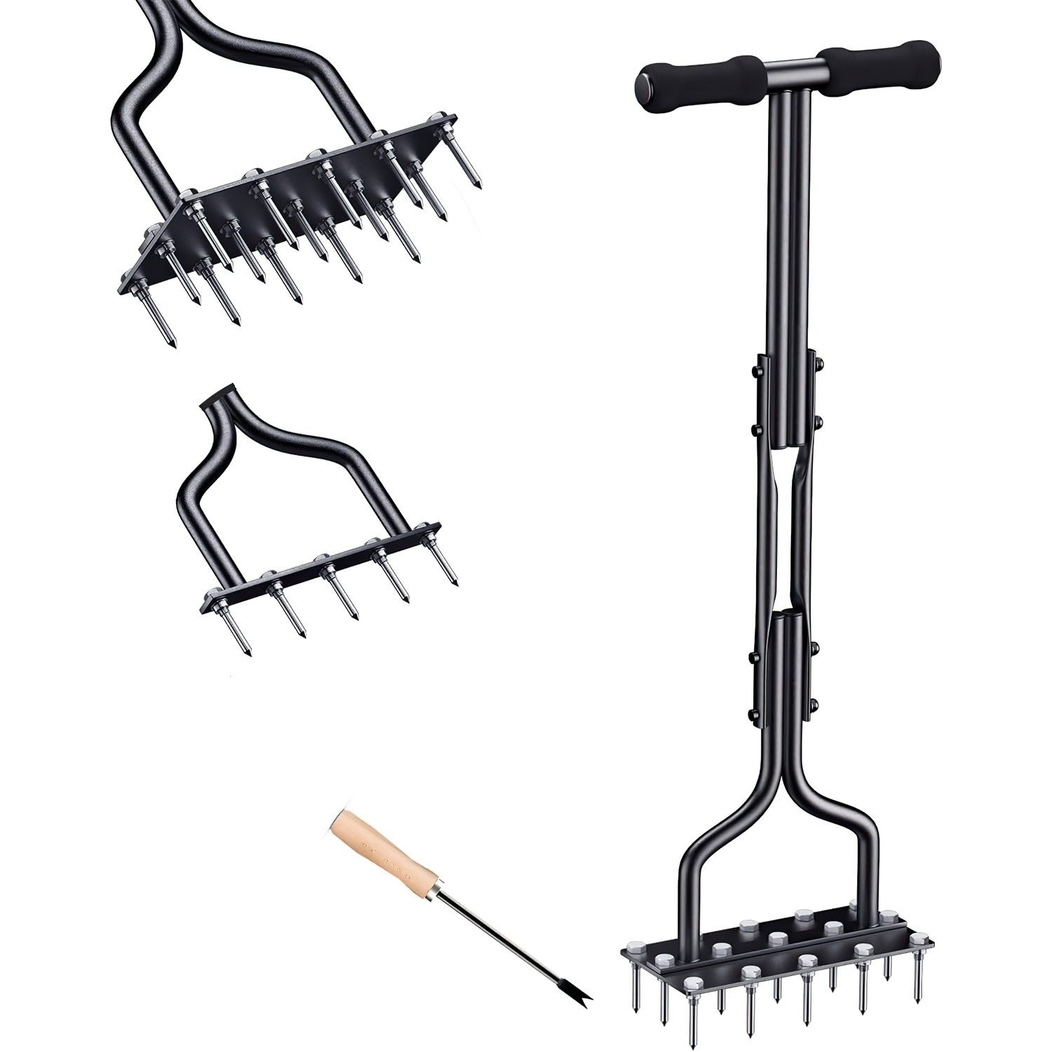 SURFOU Vertikutierer Rasenlüfter Aerifizierer für Rase Belüften Lawn Aerator 2-in-1, (Rasenbelüfter Vertikutierer 15 Spikes Belüften mit Gartenwerkzeuge), T-Griff Rasenspecht Handvertikutierer Verdichtete Böden Rasenpflege