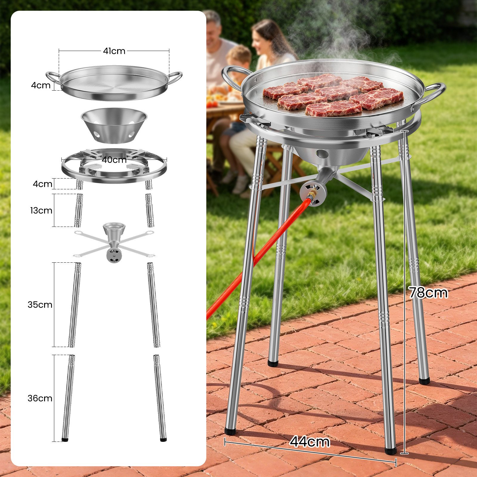 HOMELUX Gaskocher Paellaset Gasbrenner, 3,8 kW Propan Kochsystem Komplett Set für Paella, (Set, 2-St., mit Schlauch 150 cm und 30 mbar Gas Regler Druckminderer), mit 41cm Paellapfanne, Windschutzscheibe, für Wok, Grillplatte