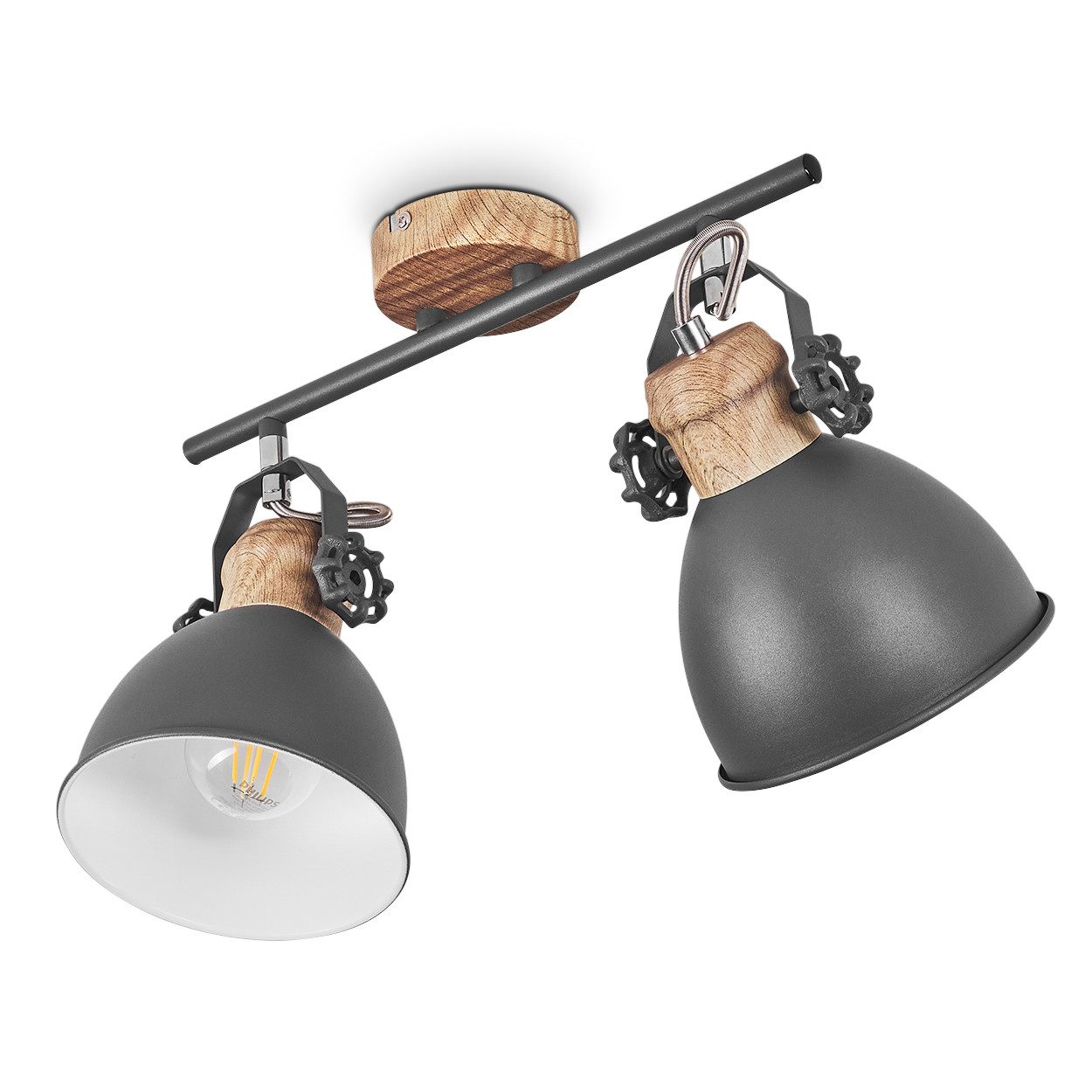 hofstein Deckenleuchte »Verago« industrielle Deckenlampe aus Metall in grau/holzoptik, ohne Leuchtmittel, 2xE27, ØSchirm 15cm, Höhe 26, 5cm, beliebig dreh-/schwenkbar