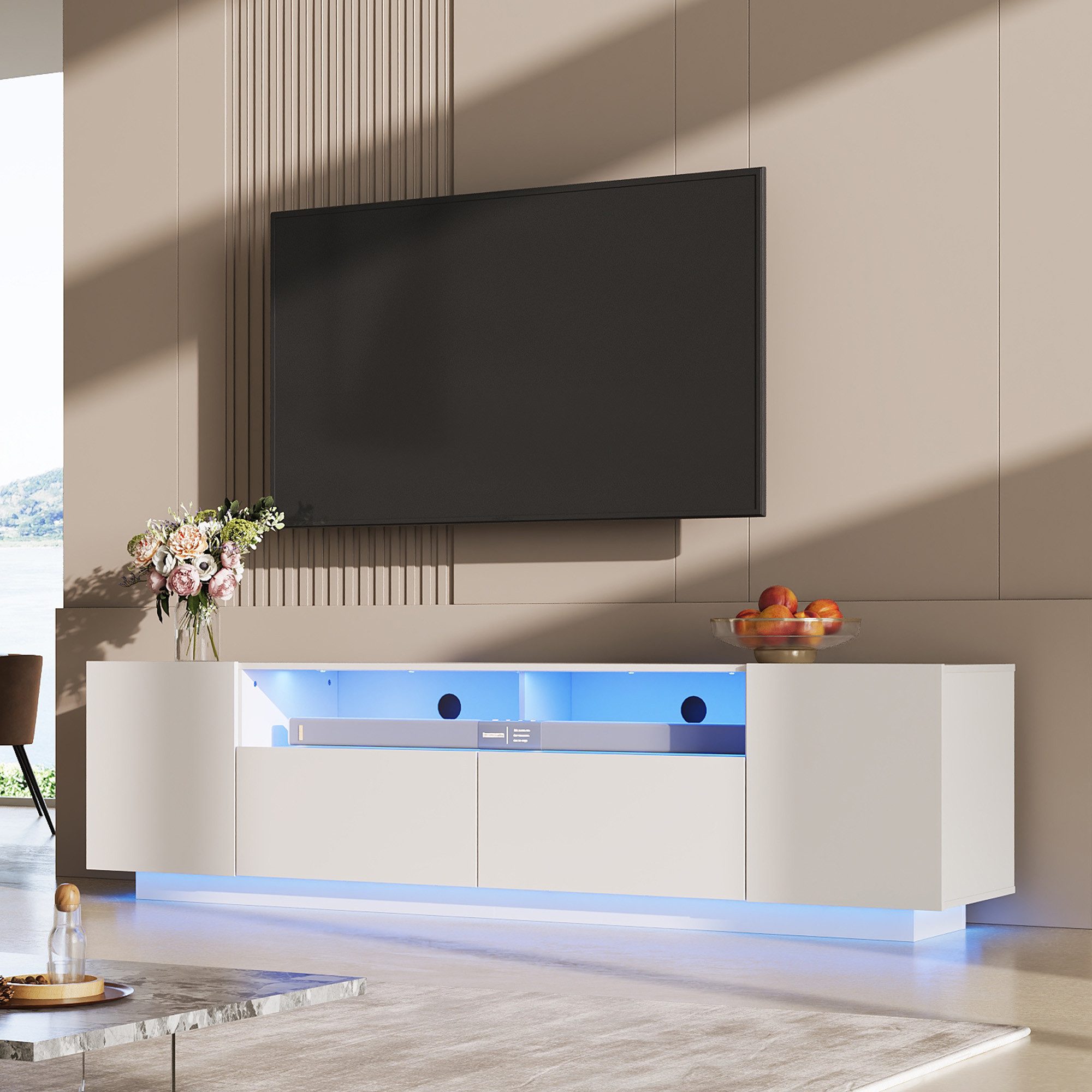 WLIVE TV-Schrank TV-Lowboard mit RGB-LED-Beleuchtung & Soft-Close, 122/170 × 36 × 45 cm (TV Board mit Schränken und 2 Freiflächen, großer Stauraum)