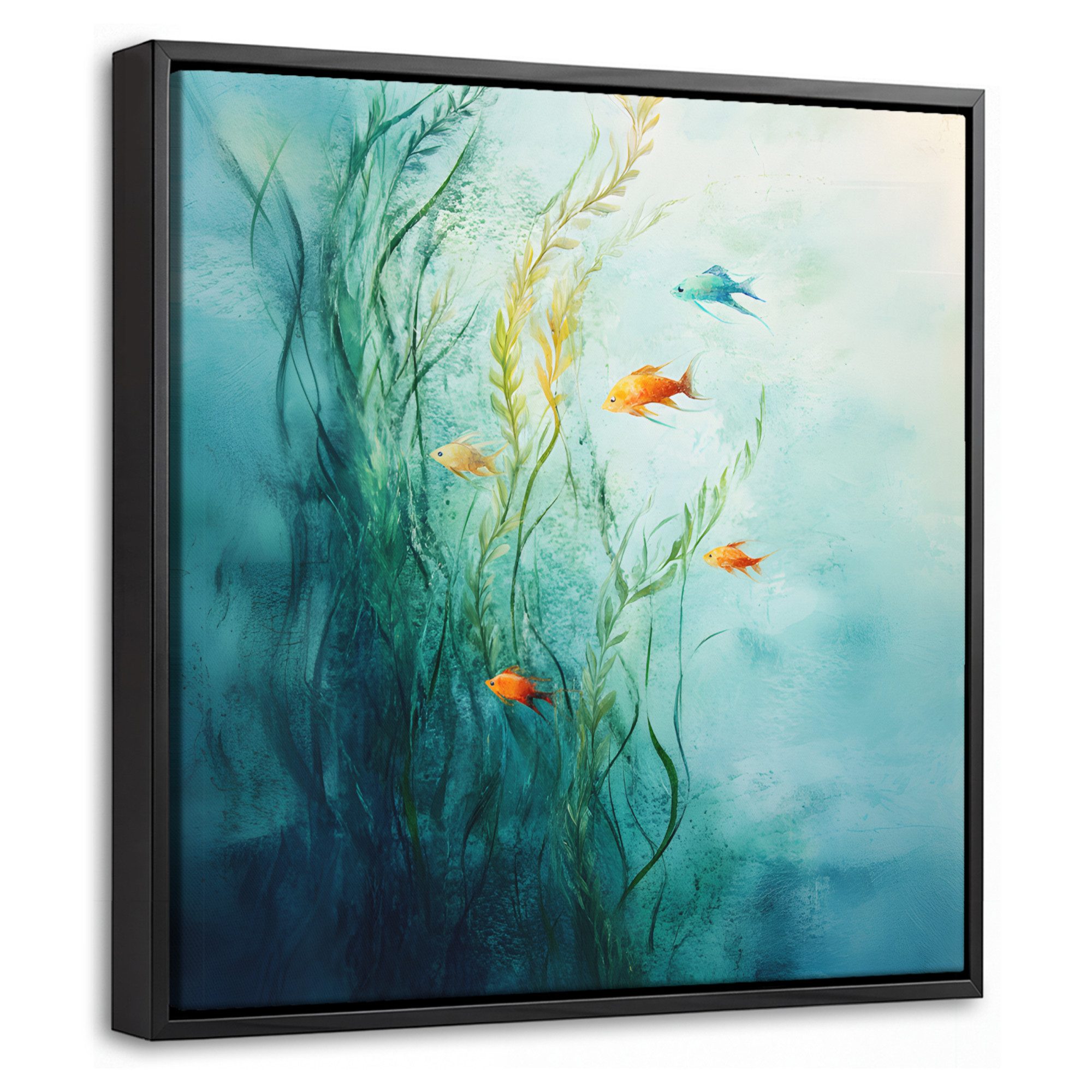 OneMillionCanvasses® Leinwandbild mit Rahmen - Wasserpflanzen - Fische - Farbenfroh - Wasser, Fotodruck (1 St), Leinwand Bilder Klein, Wand Dekoration Aesthetic 20x20cm