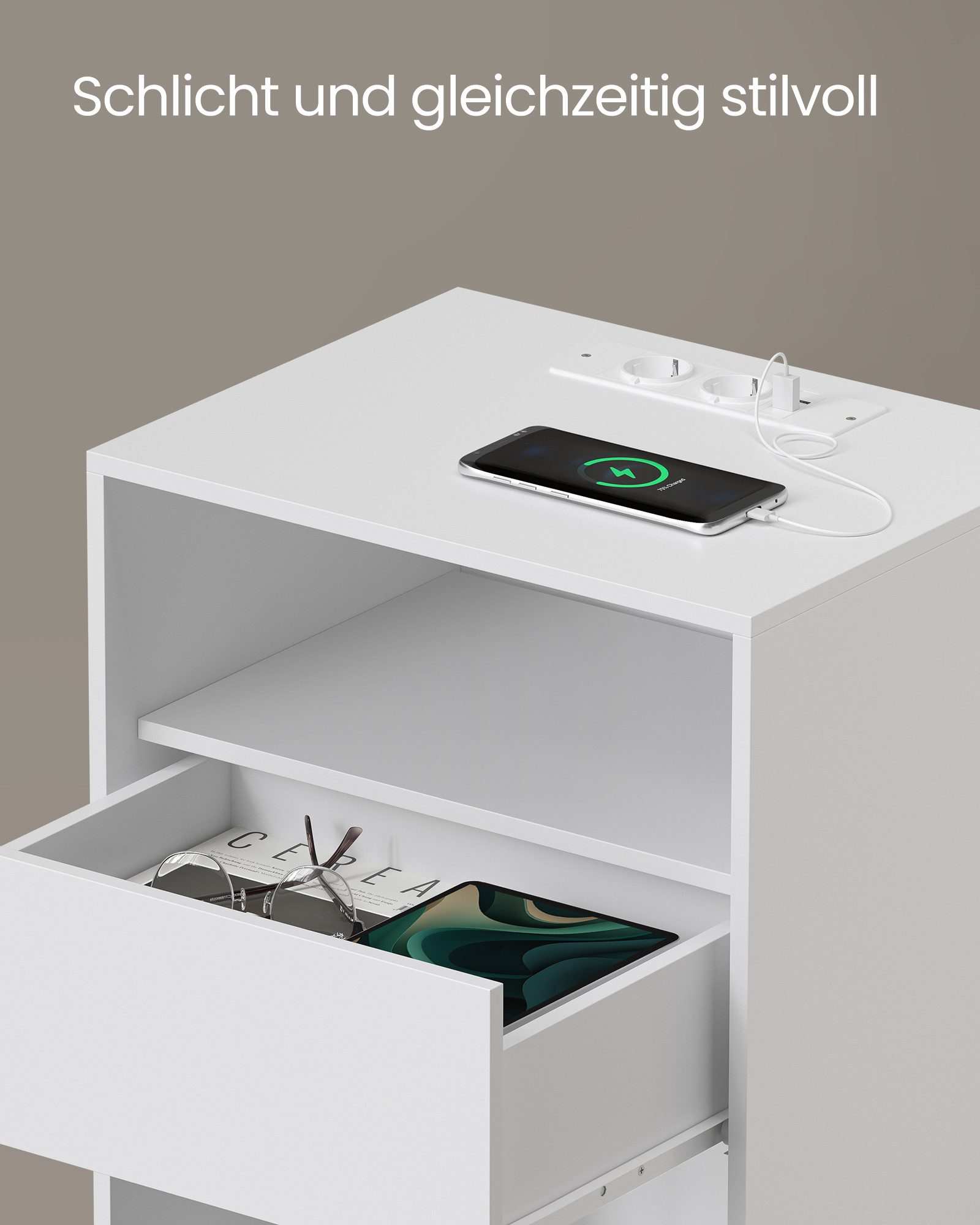 VASAGLE Nachttisch mit Ladefunktion, Toolless-Technologie, Beistelltisch mit Schublade (1-St), Nachttisch werkzeuglos Montage 1 er/2er Set