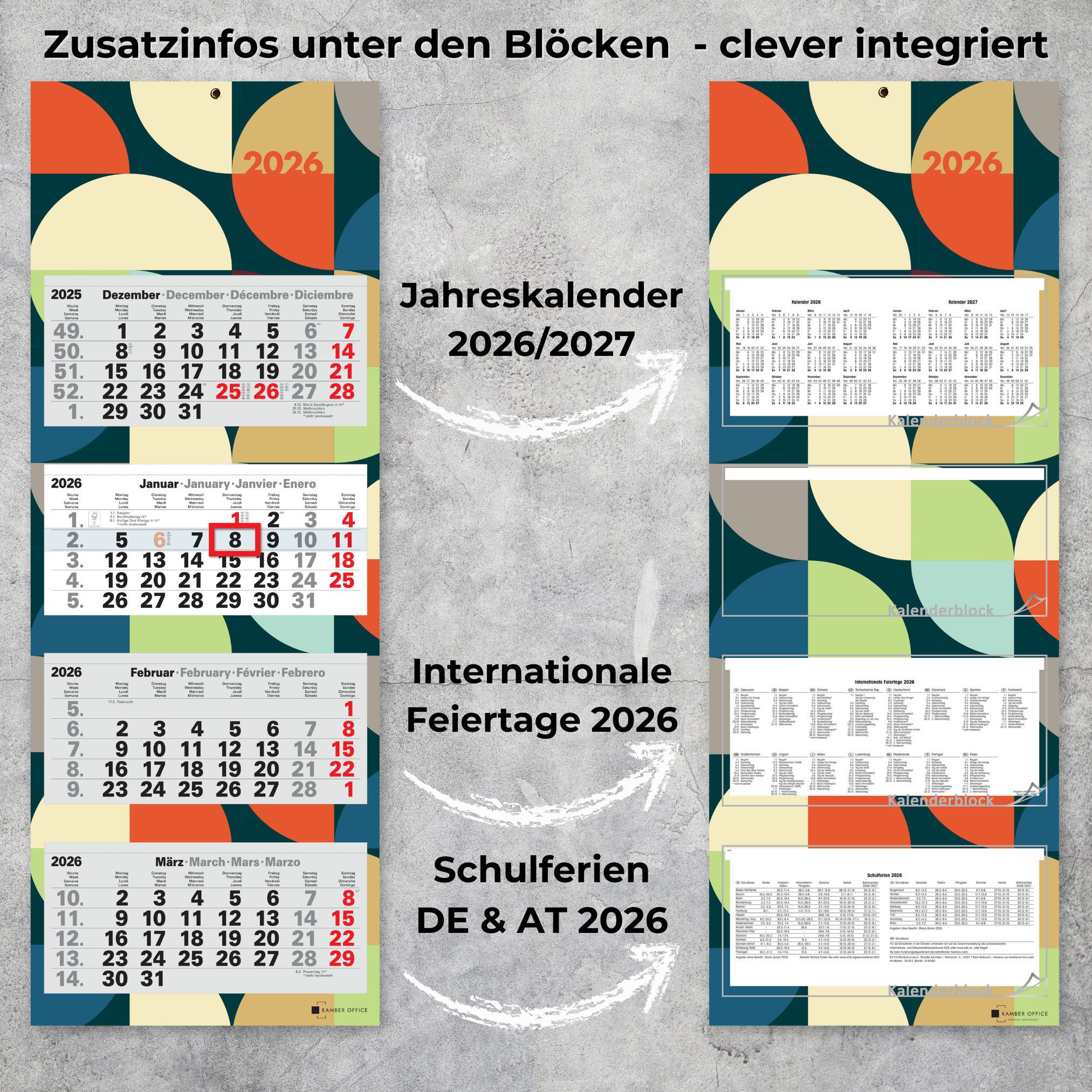Kamber Office Wandkalender 4-Monatskalender 2027 mit Schieber Büro Kalender Bunt, Retro Design, Viermonatskalender 2027 groß mit Datumsschieber Jahreskalender f – Bild 4 von 5