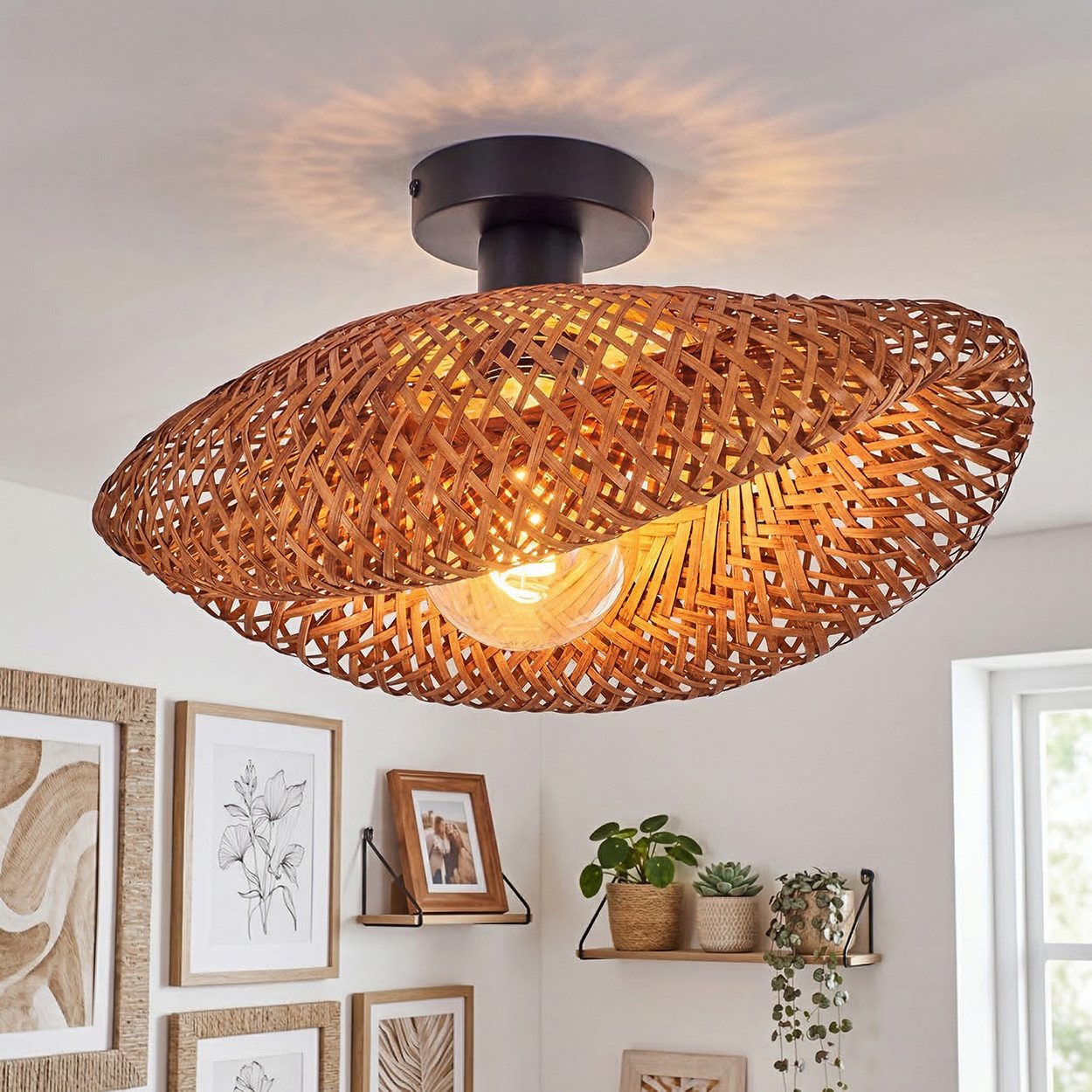 hofstein Deckenleuchte Deckenlampe aus Metall/Bambus in Schwarz/Natur/Braun mit Lichteffekt, ohne Leuchtmittel, Deckenleuchte im modernen Retro/Vintage/Boho-Design, Höhe 20 cm, E27