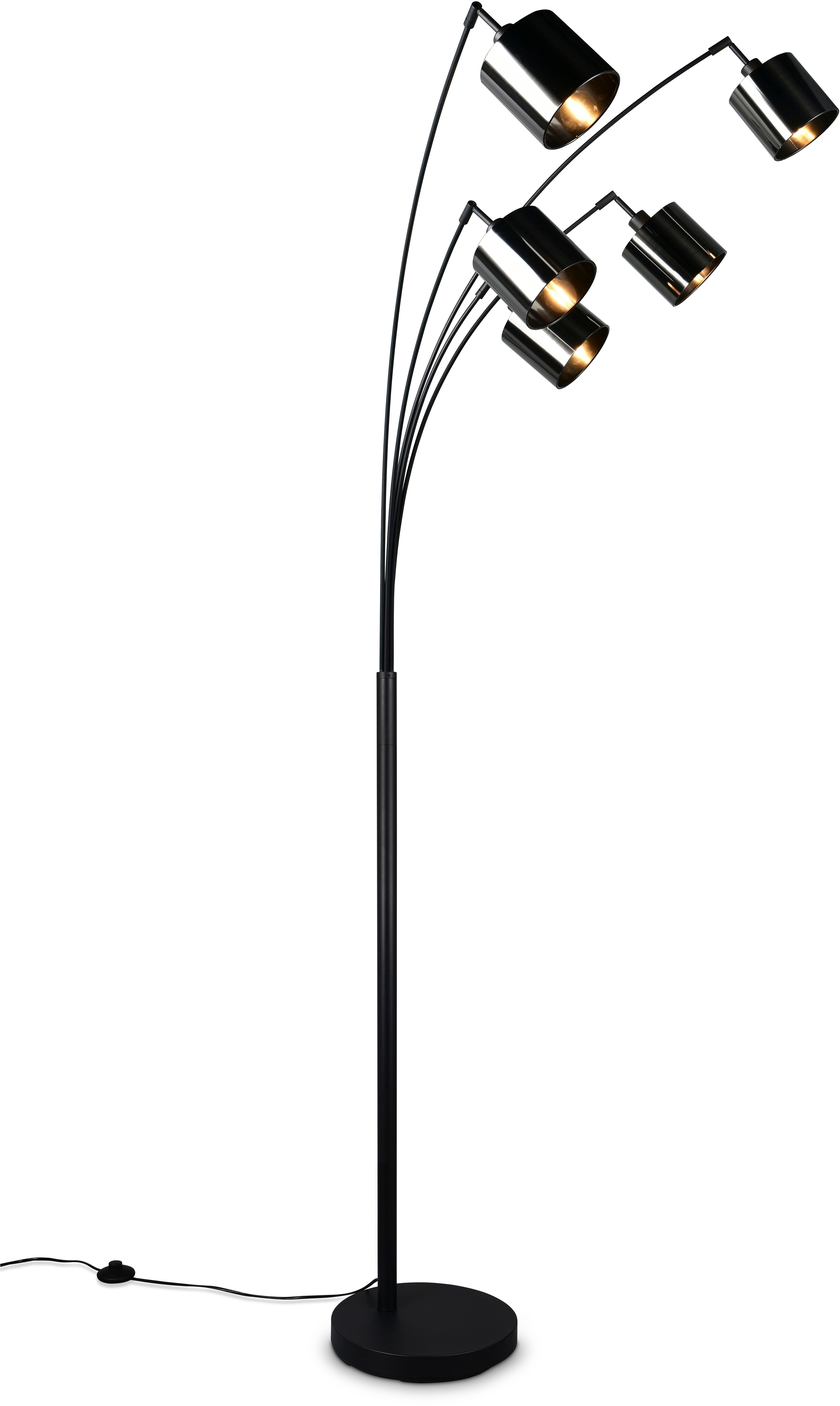 Reality Leuchten Stehlampe JASON, Stehleuchte 5-flammig exkl 5x E14 max 10W, Höhe 200cm 72cm tief, Ein-/Ausschalter, Leuchtmittel wechselbar, warmweiß - kaltweiß, Bogenleuchte Metall schwarz, Lampenschirme rauchgrau, Fußschalter