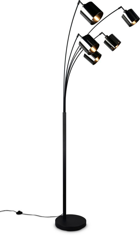 Reality Leuchten Stehlampe JASON, Stehleuchte 5-flammig exkl 5x E14 max 10W, Höhe 200cm 72cm tief, Ein-/Ausschalter, Leuchtmittel wechselbar, warmweiß - kaltweiß, Bogenleuchte Metall schwarz, Lampenschirme rauchgrau, Fußschalter
