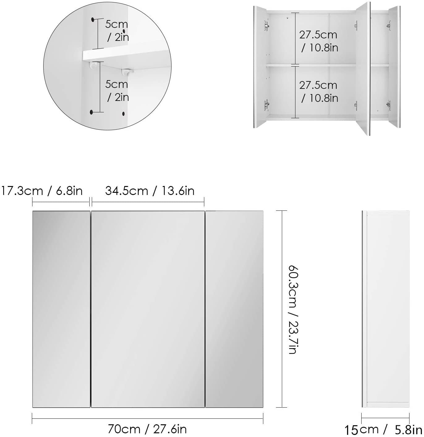 Homfa Spiegelschrank Badezimmerschrank mit 3 Türen, weiß, 70x60x15cm, Holz – Bild 5 von 5