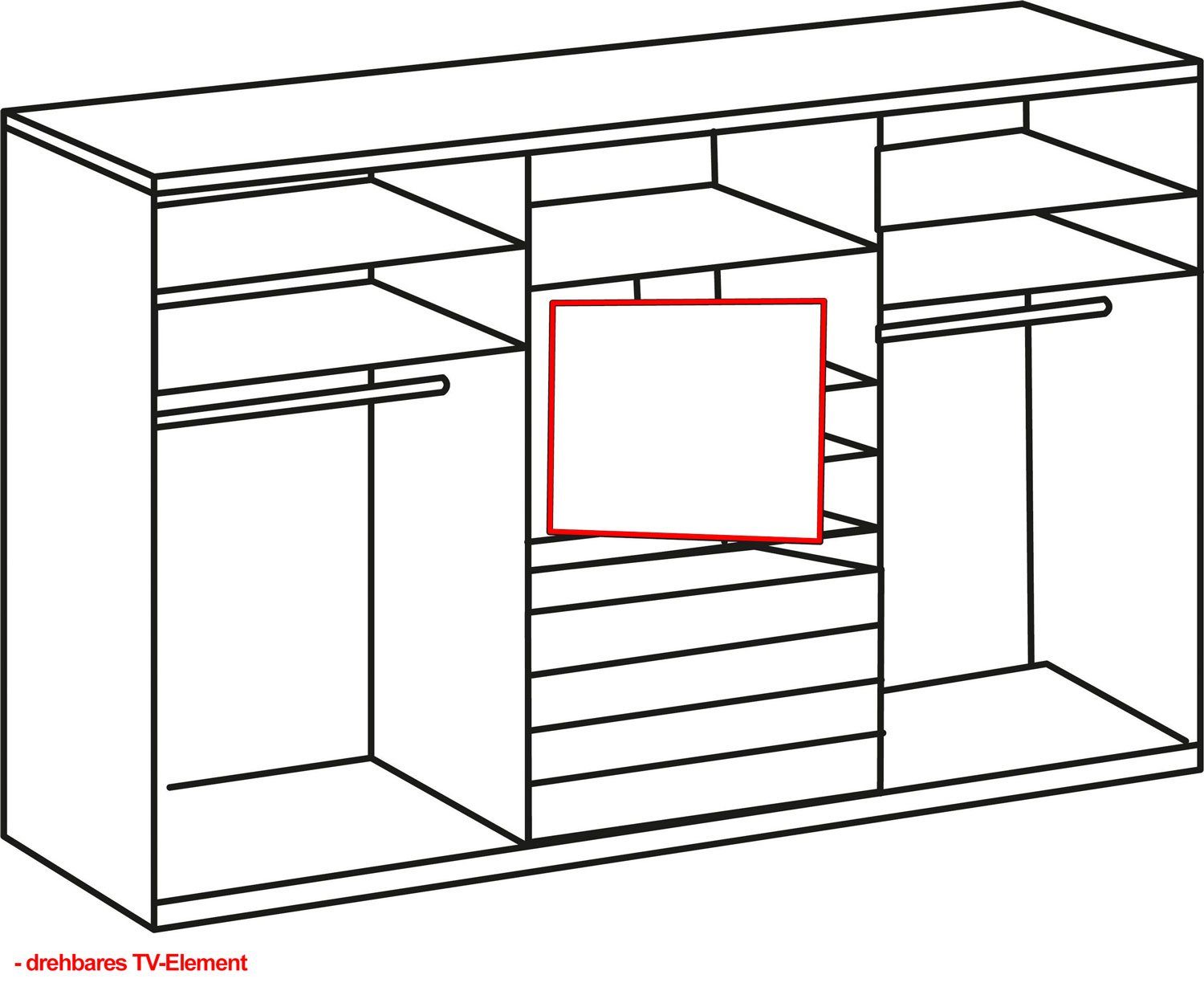 Wimex Schwebetürenschrank Magie (mit Türen, mit Schubladen, mit Einlegeböden, mit TV-Element, 1-St., moderne Optik, 2-türig mit TV-Element) 300x65x216cm plankeneiche graphit
